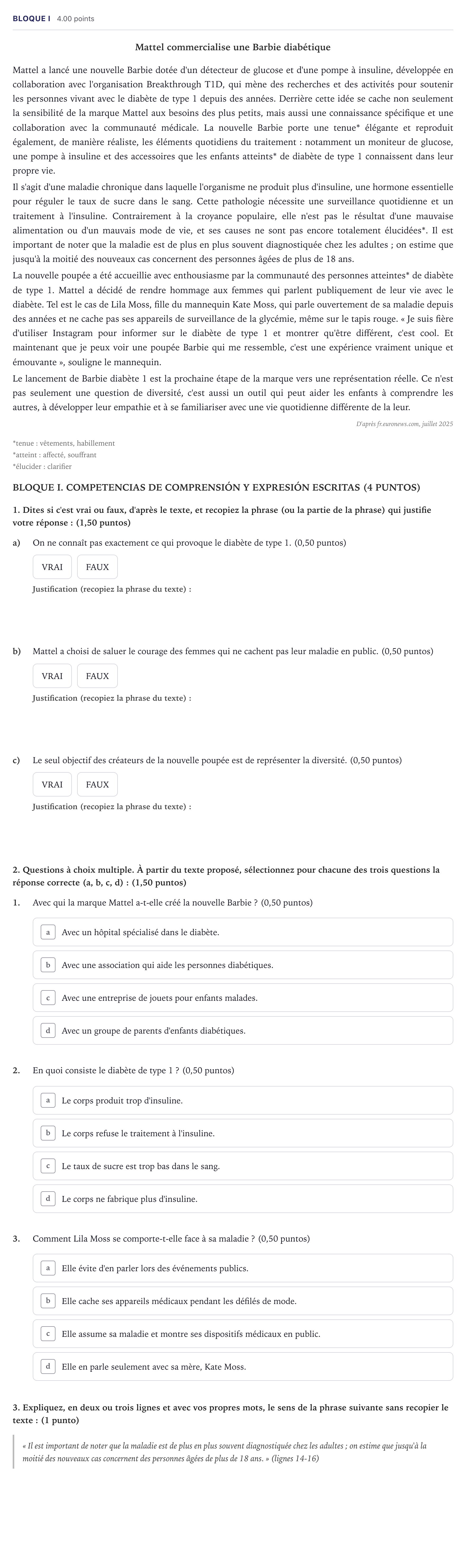 Enunciado: Bloque I · Francés PAU Madrid Ordinaria (2ª lengua) Coincidencias 2026