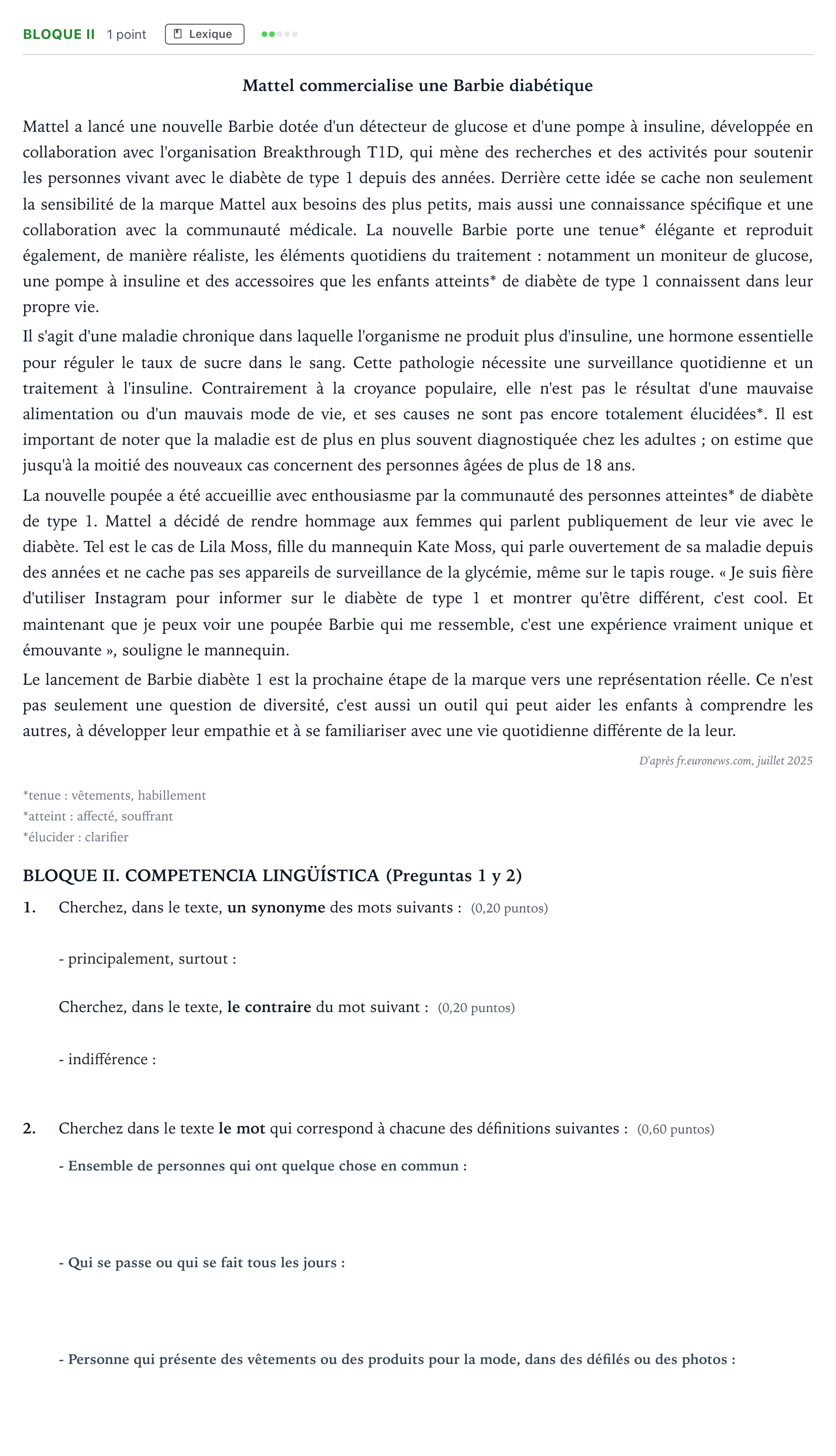 Enunciado: Bloque II · Francés PAU Madrid Ordinaria (2ª lengua) Coincidencias 2026