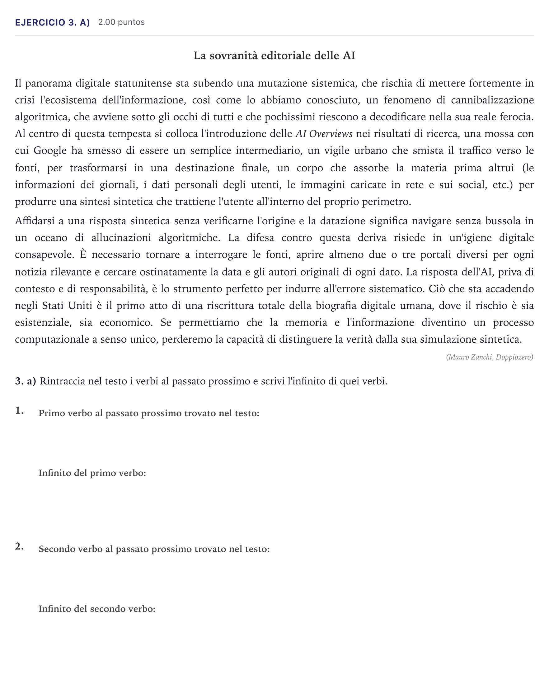 Enunciado: Ejercicio 3. a) · Italiano PAU Madrid Ordinaria (2ª lengua) 2026