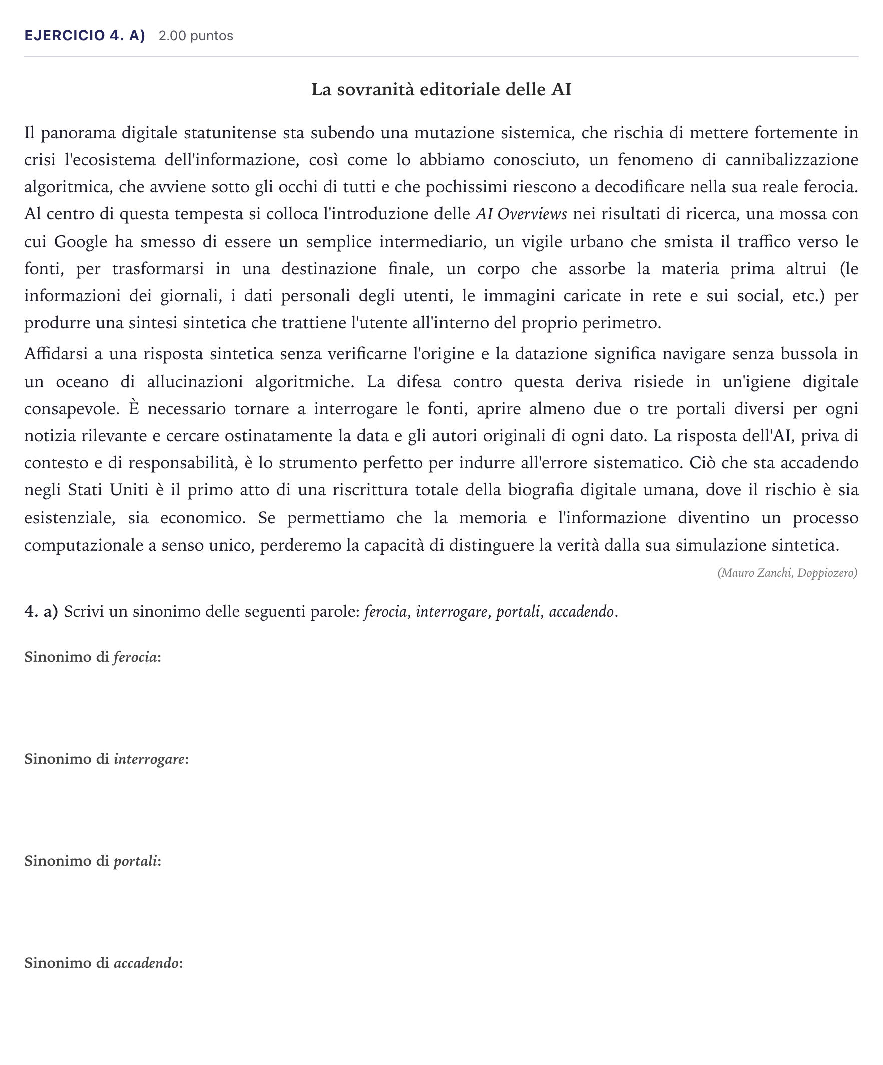 Enunciado: Ejercicio 4. a) · Italiano PAU Madrid Ordinaria (2ª lengua) 2026
