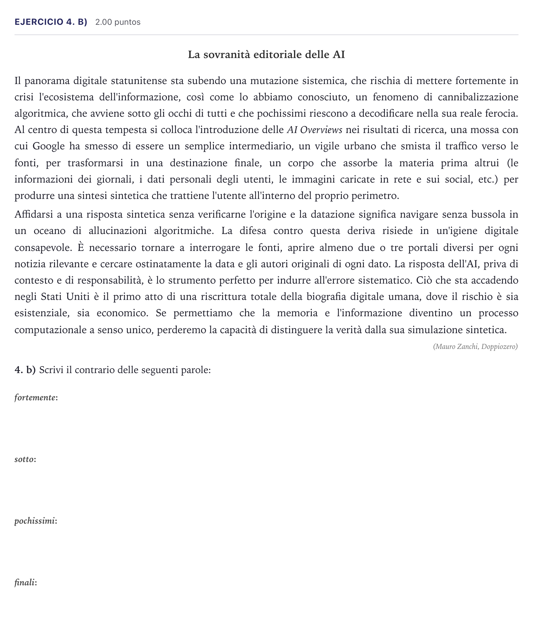 Enunciado: Ejercicio 4. b) · Italiano PAU Madrid Ordinaria (2ª lengua) 2026