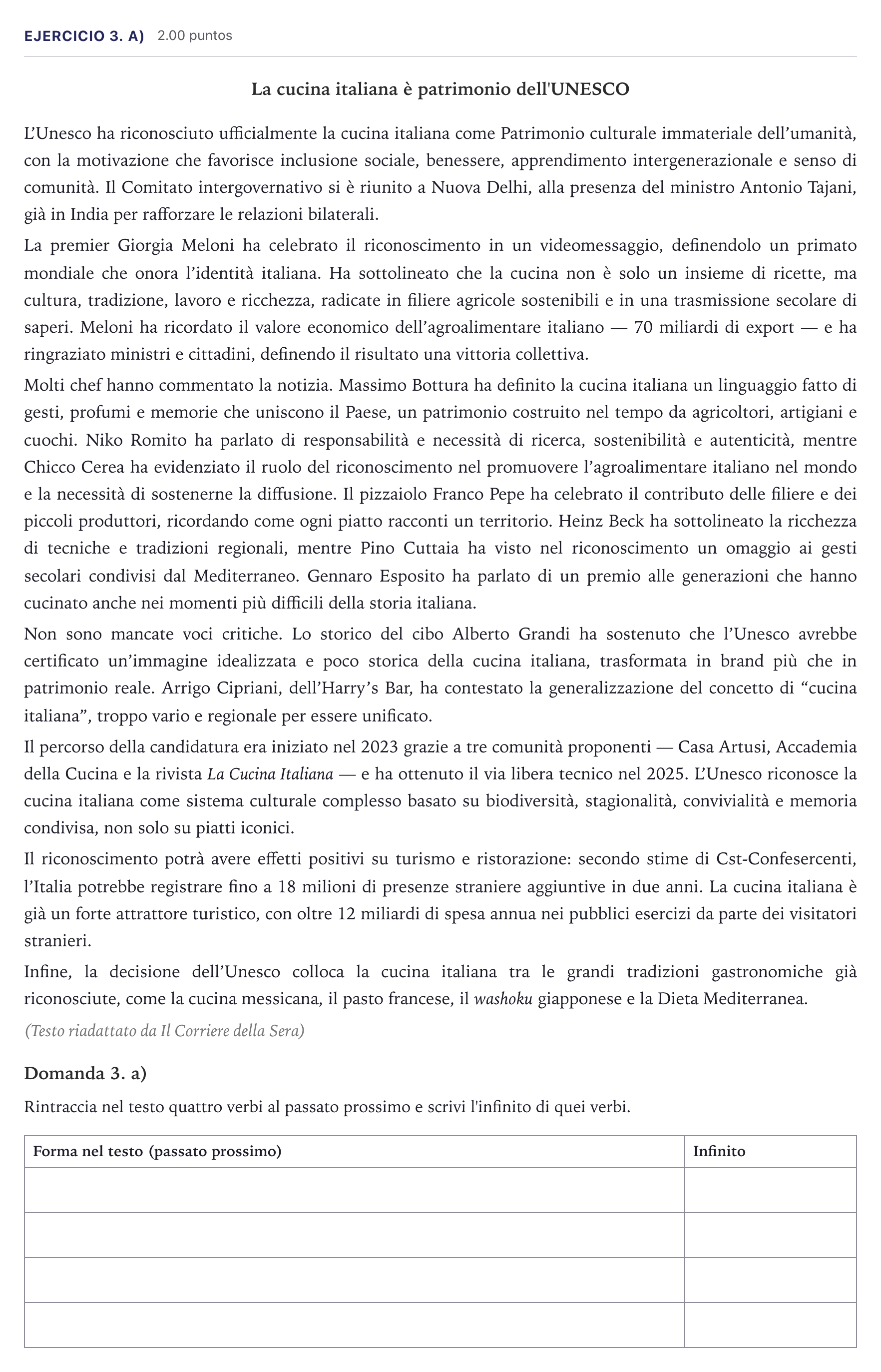 Enunciado: Ejercicio 3. a) · Italiano PAU Madrid Ordinaria (2ª lengua) Coincidencias 2026