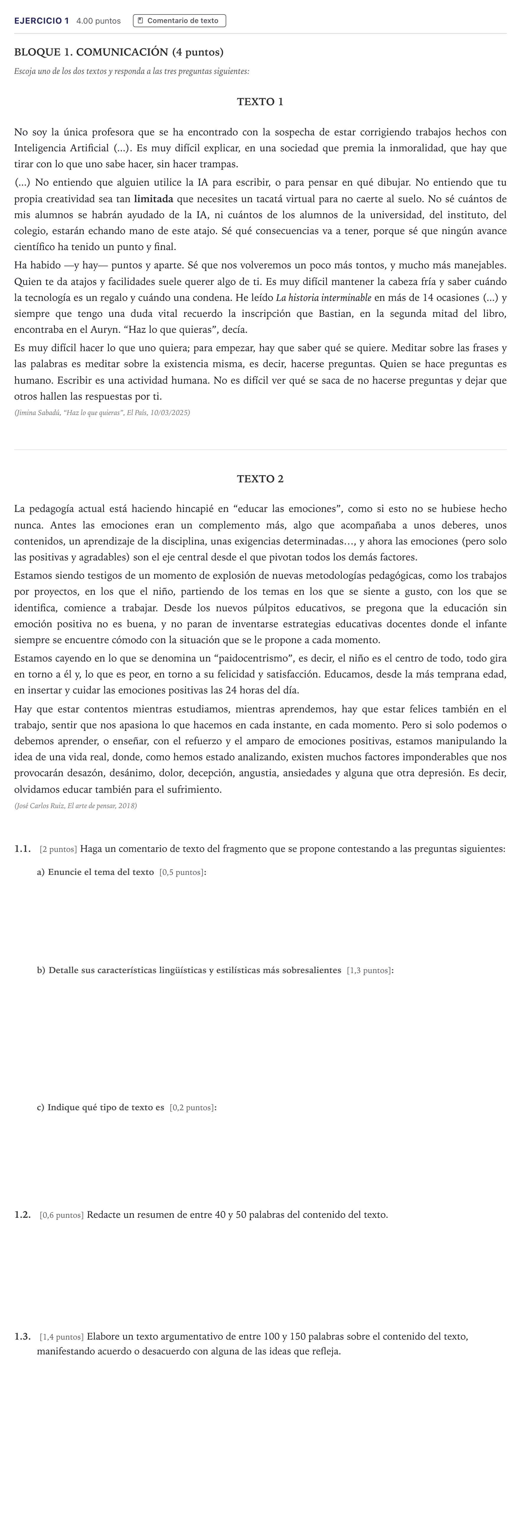 Enunciado: Problema 1 · Lengua Castellana y Literatura II PAU Madrid Extraordinaria 2026