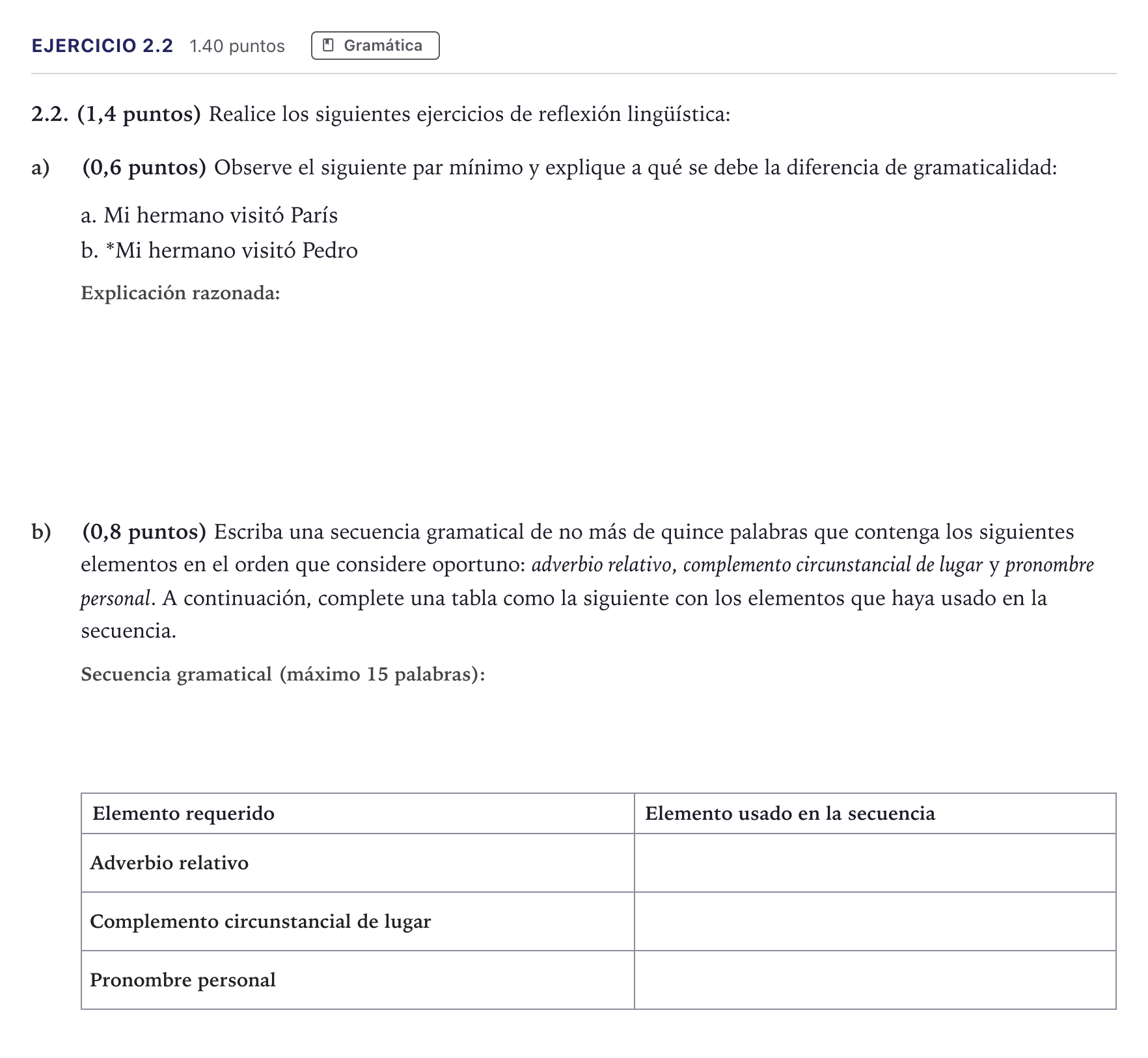 Enunciado: Ejercicio 2.2 · Lengua Castellana y Literatura II PAU Madrid Extraordinaria 2026