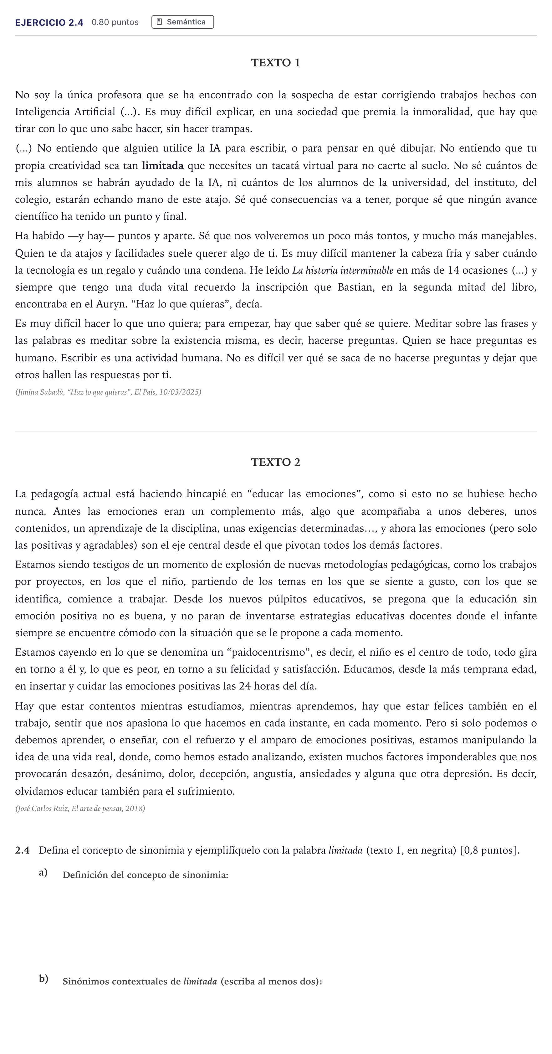 Enunciado: Ejercicio 2.4 · Lengua Castellana y Literatura II PAU Madrid Extraordinaria 2026