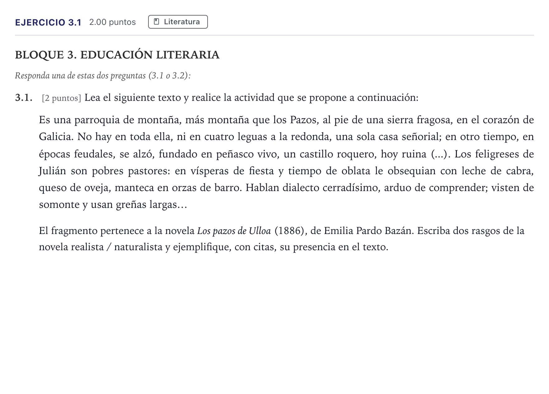 Enunciado: Ejercicio 3.1 · Lengua Castellana y Literatura II PAU Madrid Extraordinaria 2026
