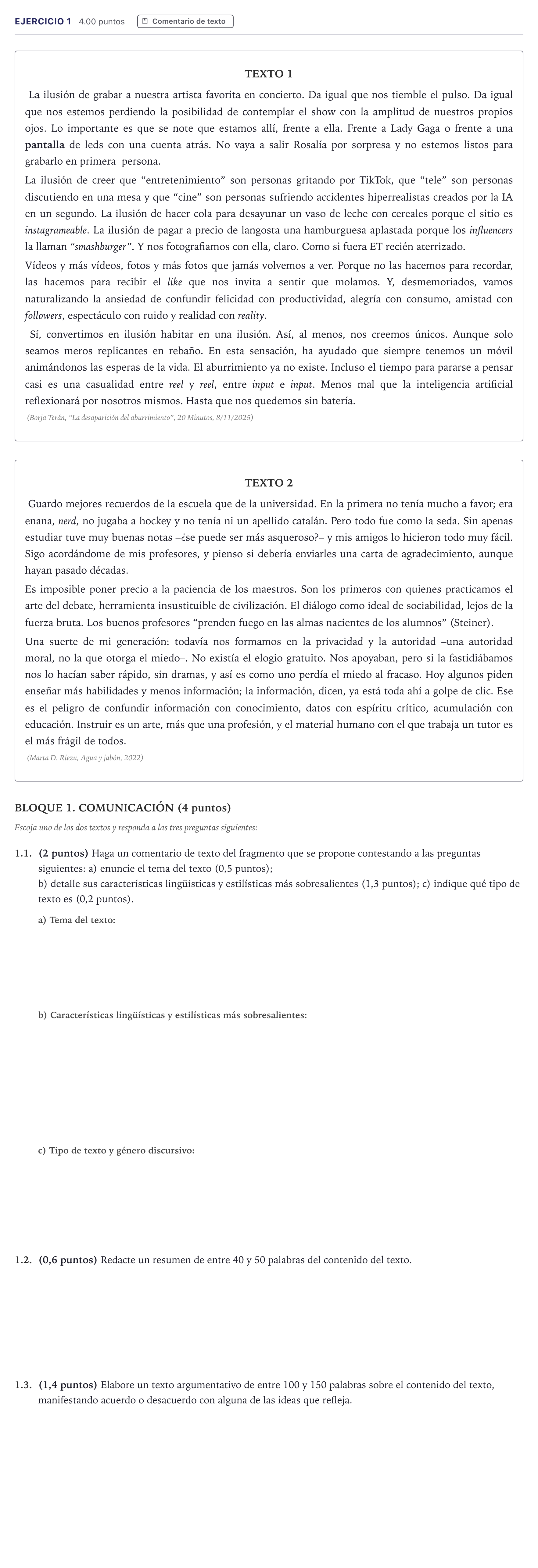 Enunciado: Problema 1 · Lengua Castellana y Literatura II PAU Madrid Extraordinaria Coincidencias 2026