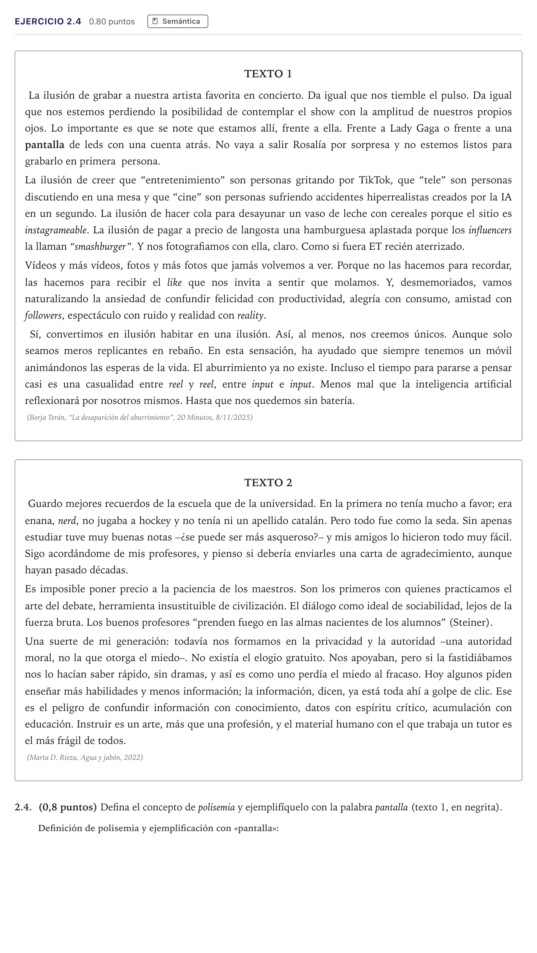 Enunciado: Ejercicio 2.4 · Lengua Castellana y Literatura II PAU Madrid Extraordinaria Coincidencias 2026