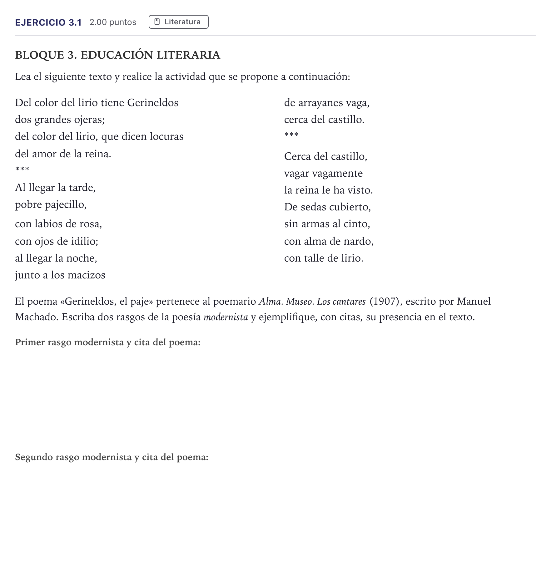 Enunciado: Ejercicio 3.1 · Lengua Castellana y Literatura II PAU Madrid Extraordinaria Coincidencias 2026