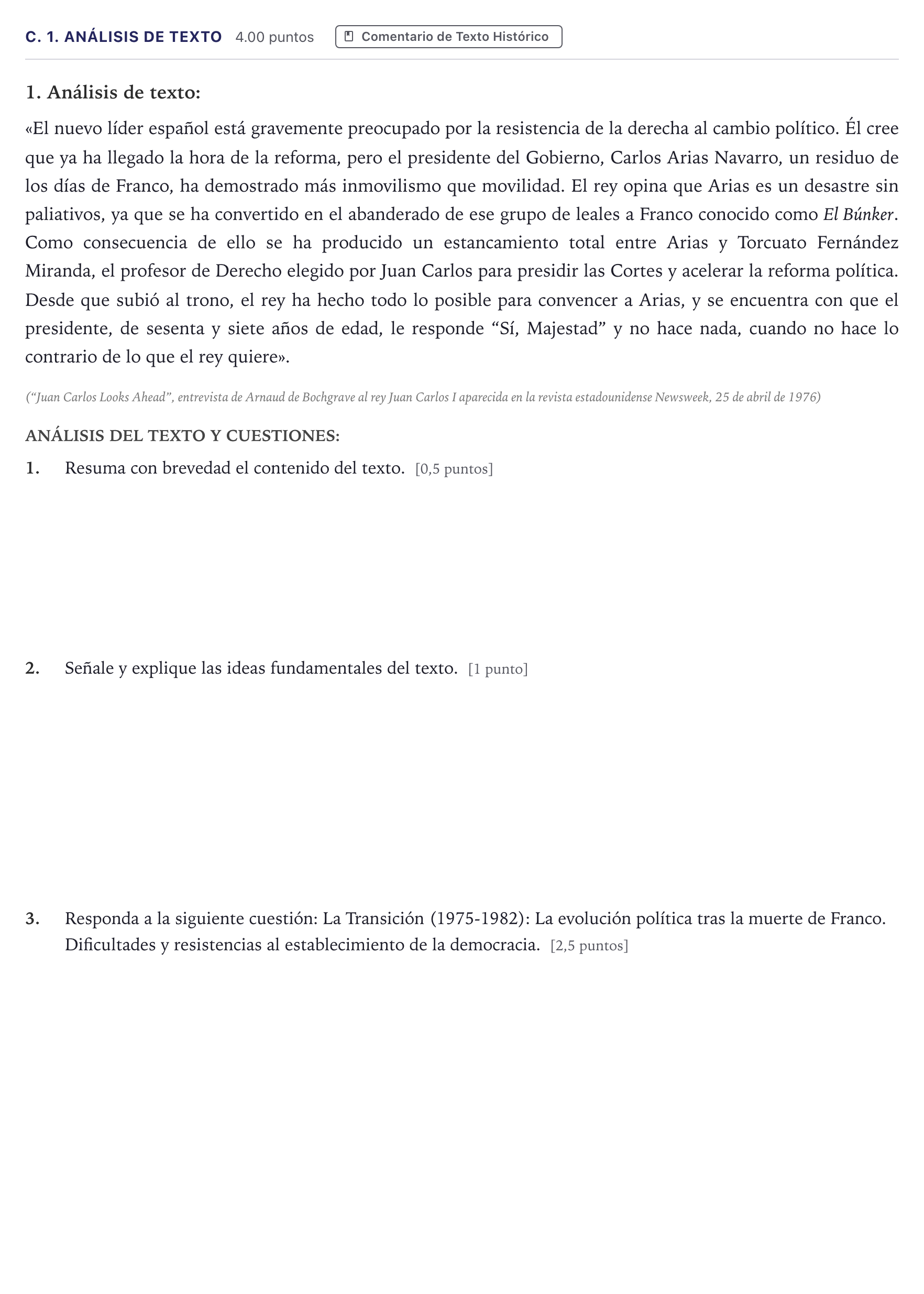 Enunciado: Ejercicio C. 1. Análisis de texto · Historia de España PAU Madrid Extraordinaria 2026