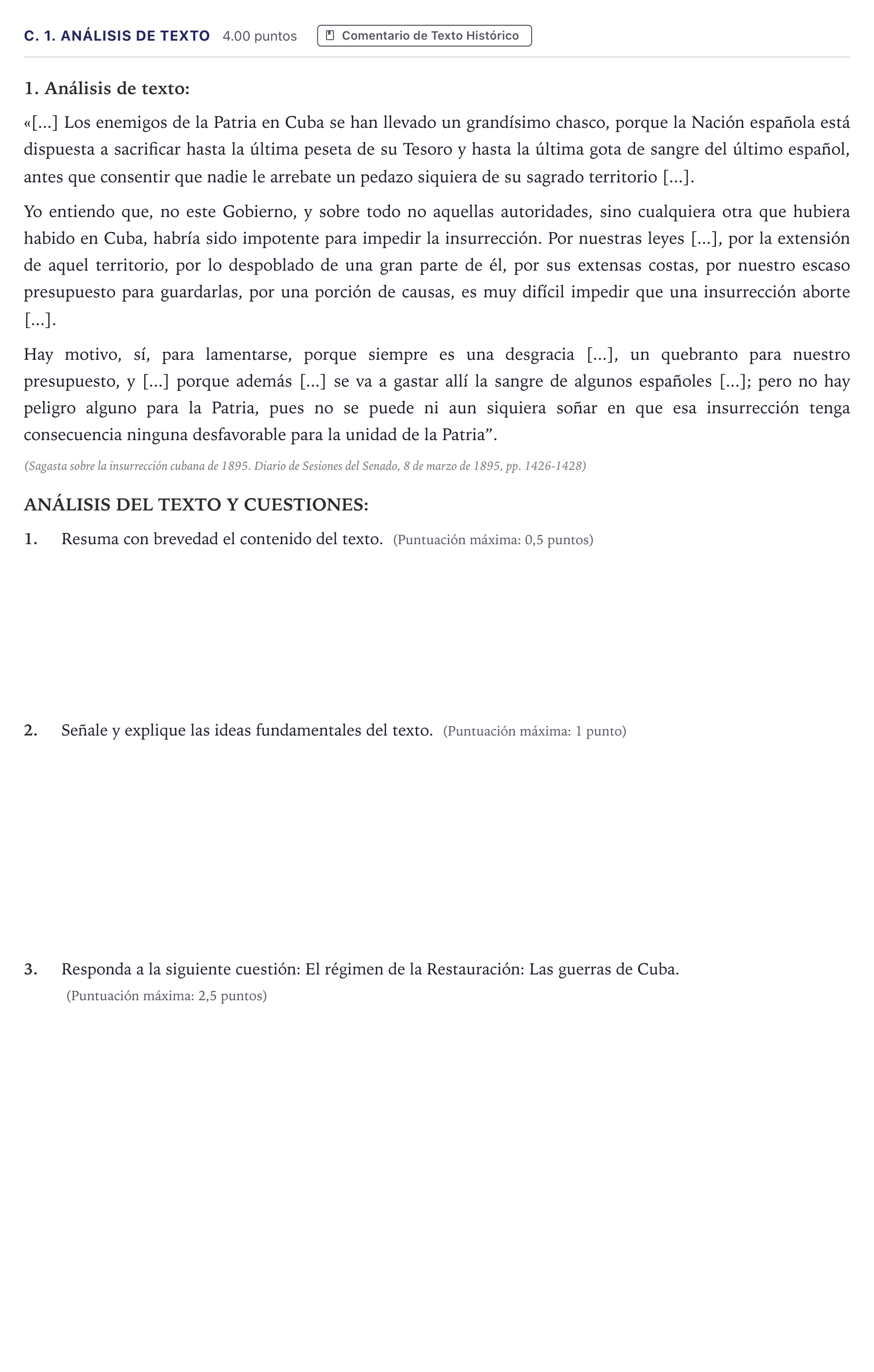 Enunciado: Ejercicio C. 1. Análisis de texto · Historia de España PAU Madrid Extraordinaria Coincidencias 2026