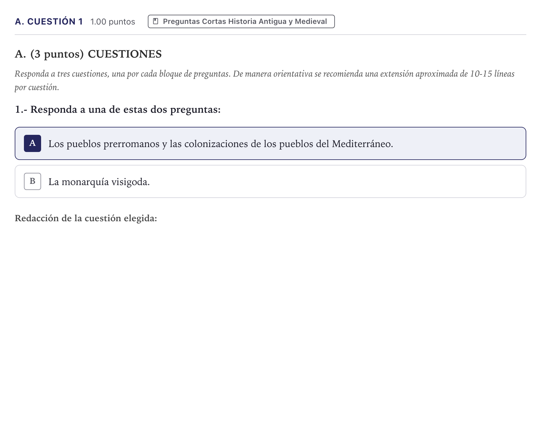 Enunciado: Ejercicio A. Cuestión 1 · Historia de España PAU Madrid Extraordinaria Coincidencias 2026