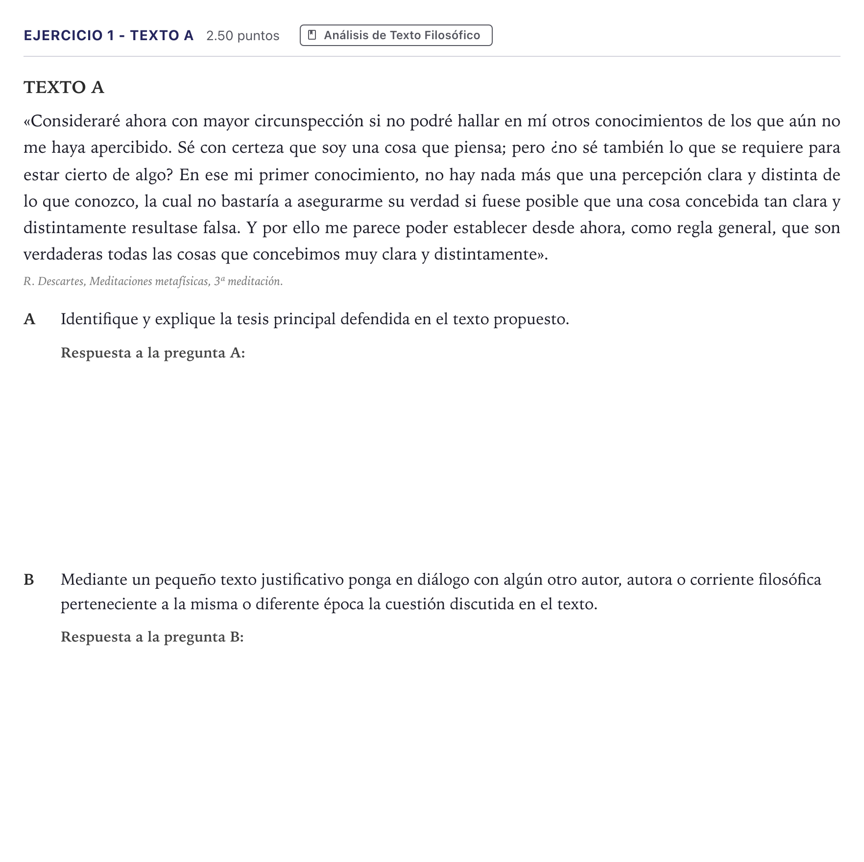 Enunciado: Ejercicio 1 - Texto A · Historia de la Filosofía PAU Madrid Extraordinaria 2026