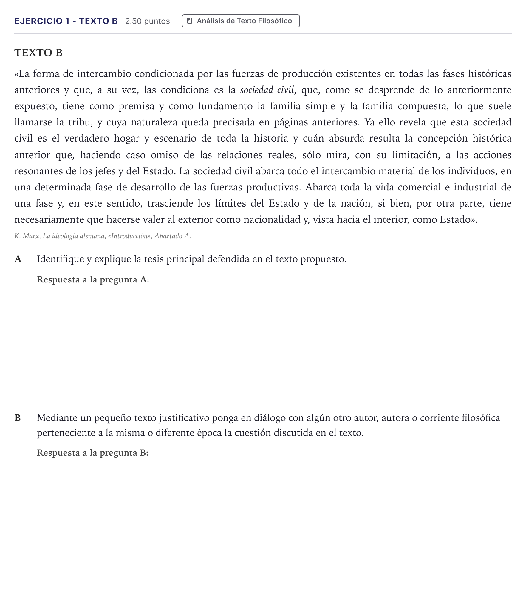 Enunciado: Ejercicio 1 - Texto B · Historia de la Filosofía PAU Madrid Extraordinaria 2026