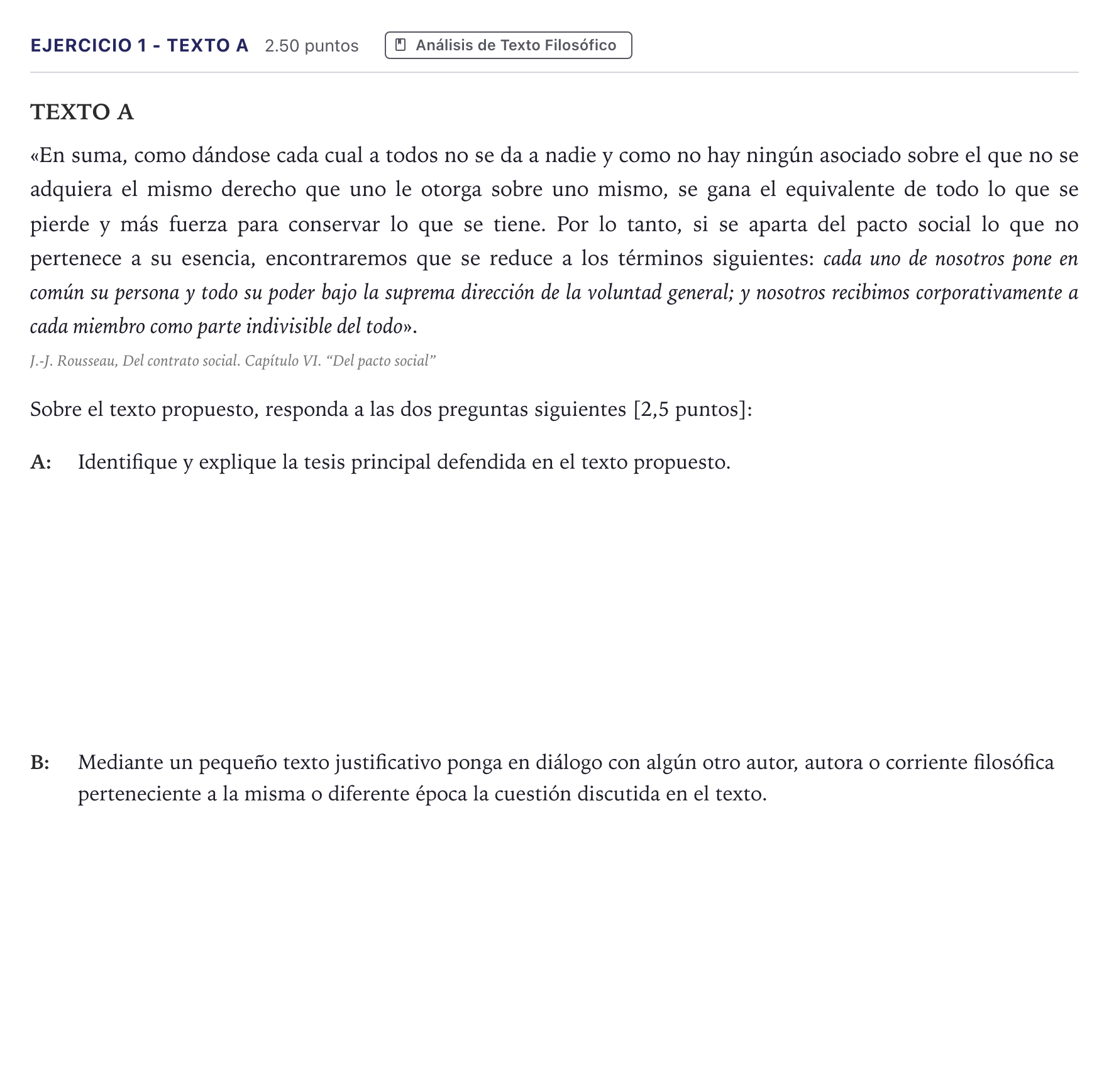 Enunciado: Ejercicio 1 - Texto A · Historia de la Filosofía PAU Madrid Extraordinaria Coincidencias 2026