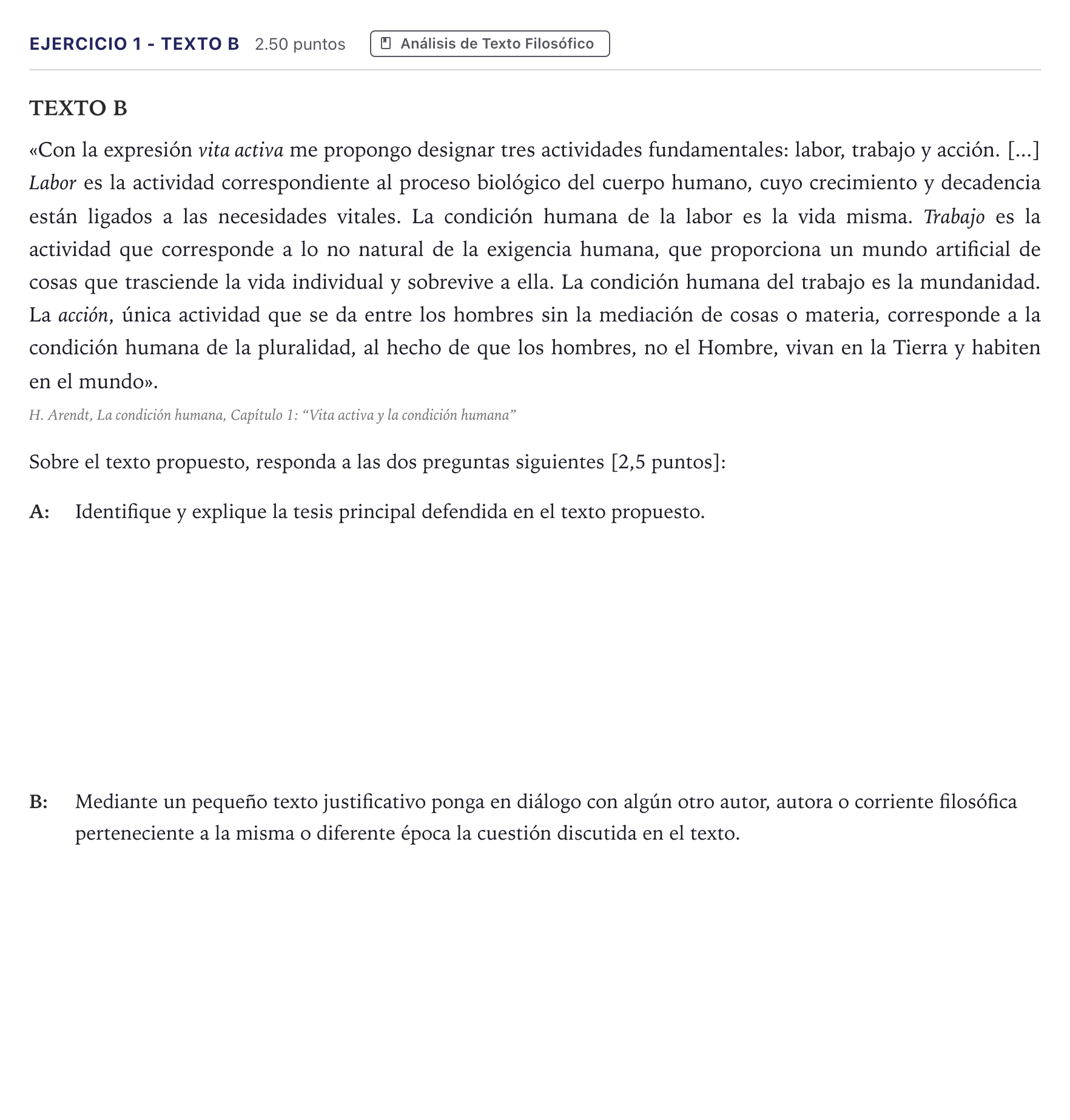 Enunciado: Ejercicio 1 - Texto B · Historia de la Filosofía PAU Madrid Extraordinaria Coincidencias 2026