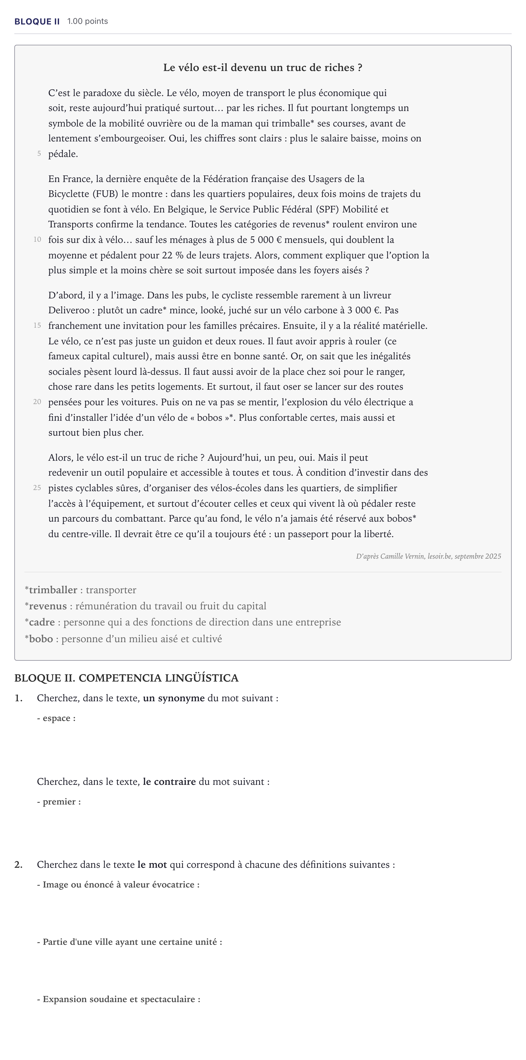 Enunciado: Bloque II · Francés PAU Madrid Extraordinaria 2026