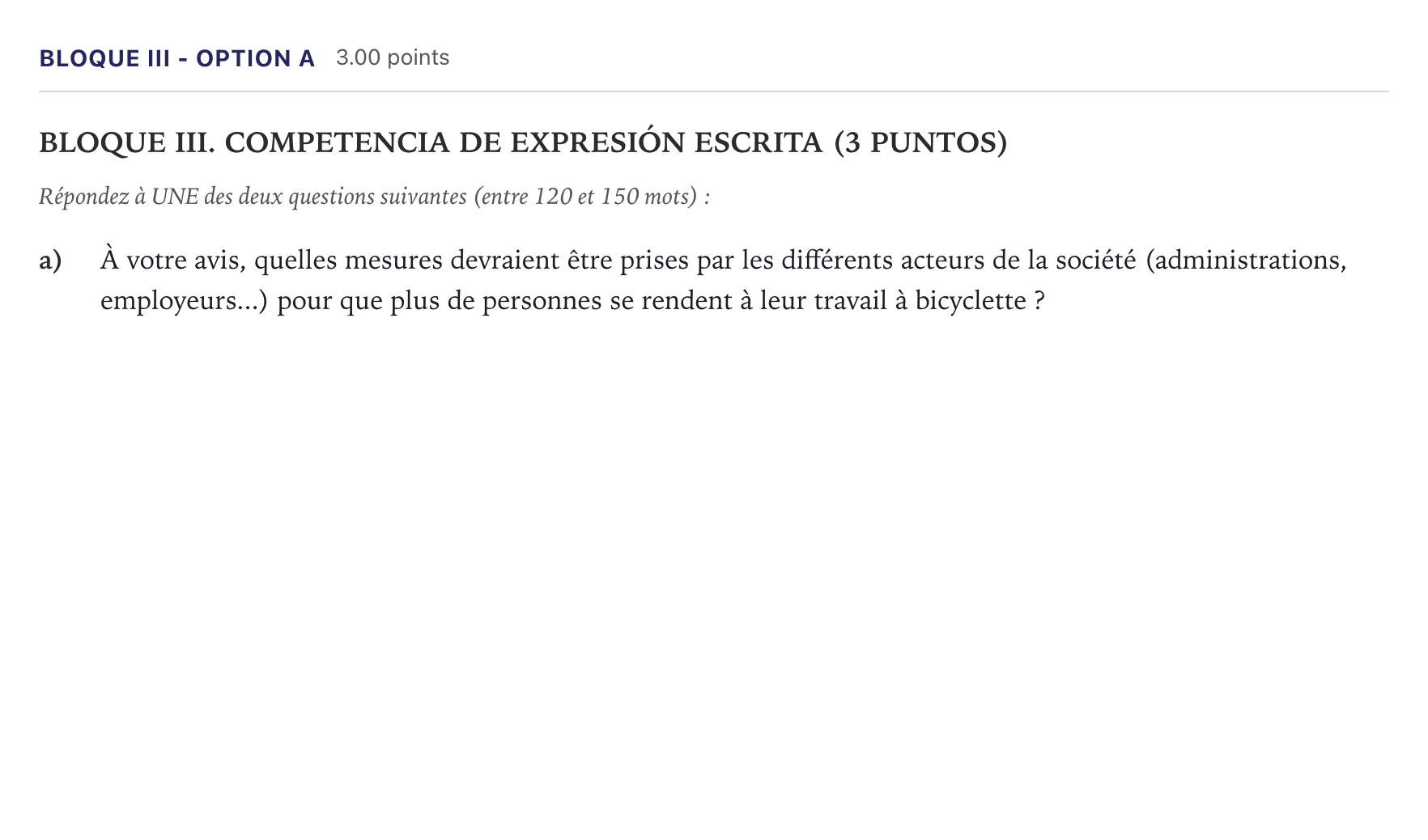 Enunciado: Bloque III - Option a · Francés PAU Madrid Extraordinaria 2026