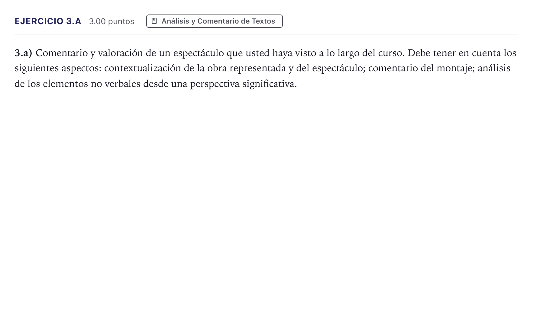 Enunciado: Ejercicio 3.a · Artes Escénicas PAU Madrid Extraordinaria 2026