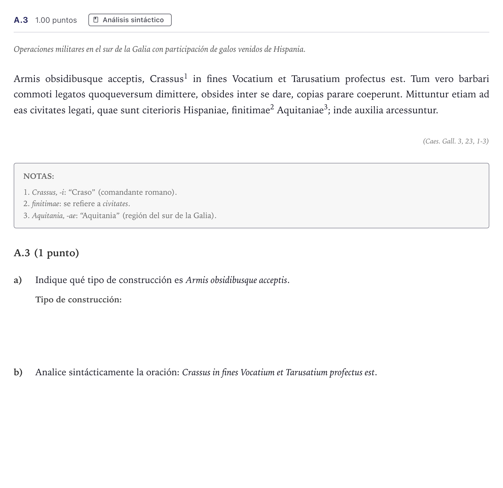 Enunciado: Ejercicio A.3 · Latín II PAU Madrid Extraordinaria 2026