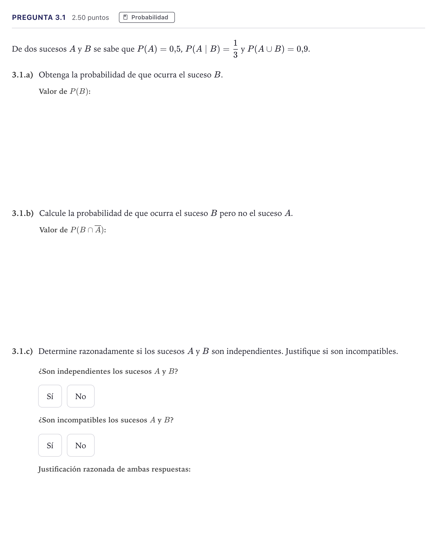 Enunciado: Pregunta 3.1 · Matemáticas aplicadas a las Ciencias Sociales II PAU Madrid Extraordinaria Coincidencias 2026
