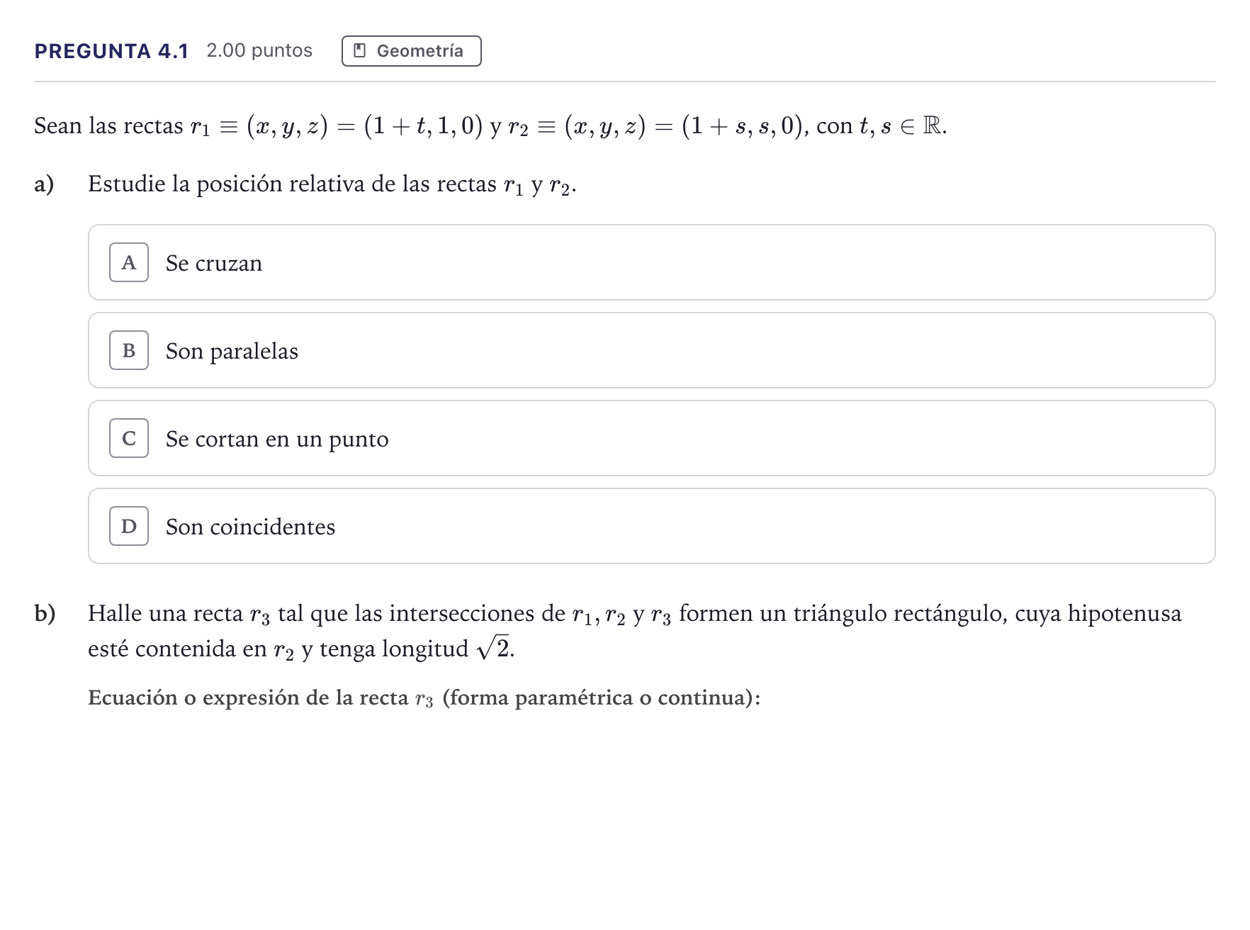 Enunciado: Pregunta 4.1 · Matemáticas II PAU Madrid Extraordinaria 2026