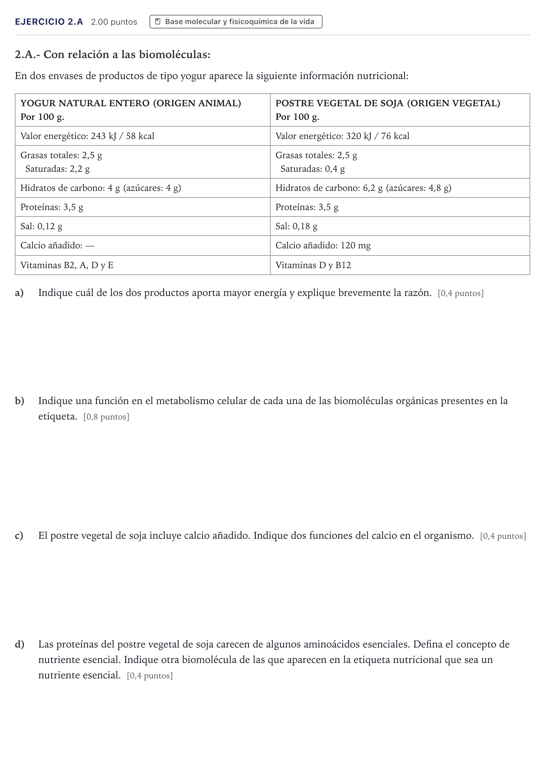 Enunciado: Ejercicio 2.A · Biología PAU Madrid Extraordinaria 2026