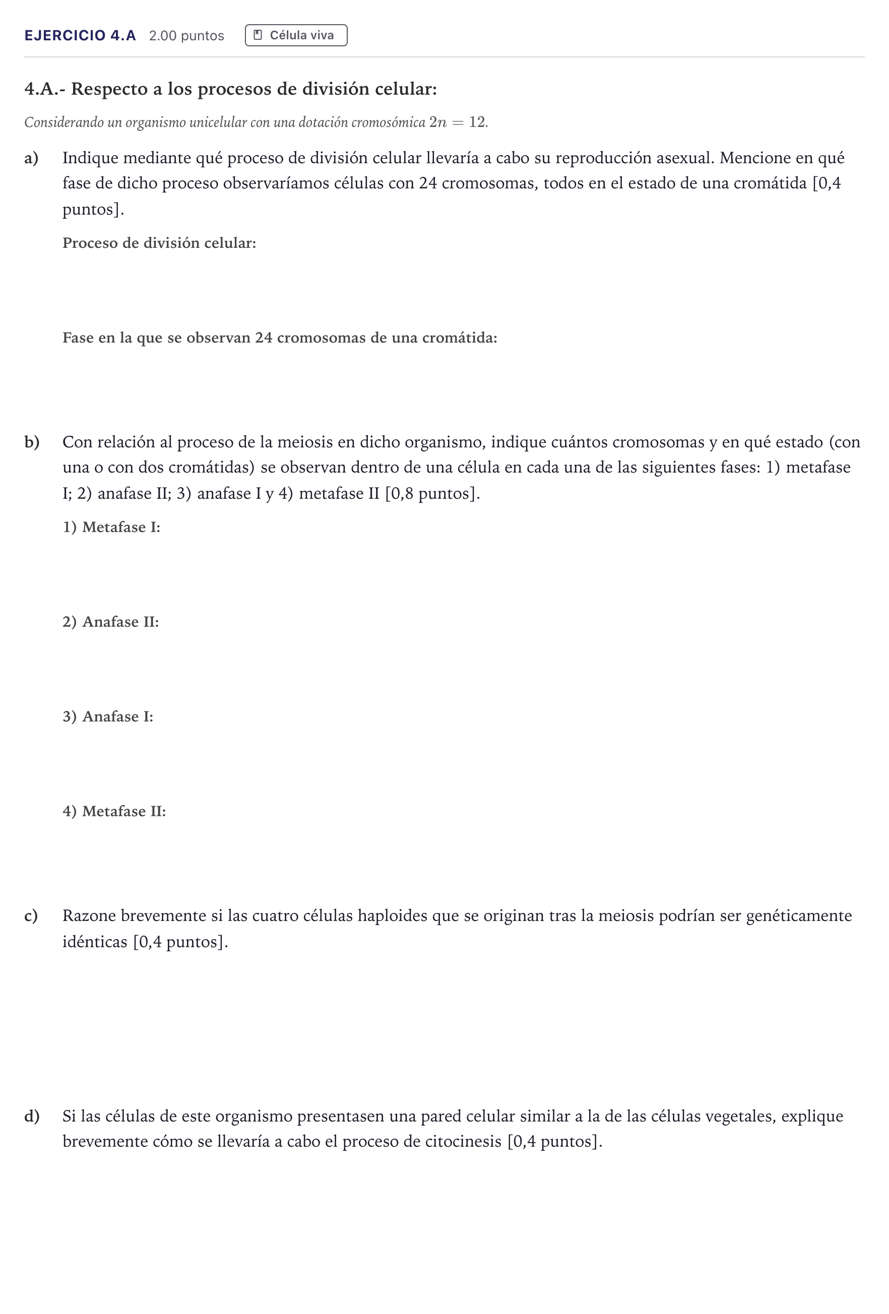 Enunciado: Ejercicio 4.A · Biología PAU Madrid Extraordinaria 2026