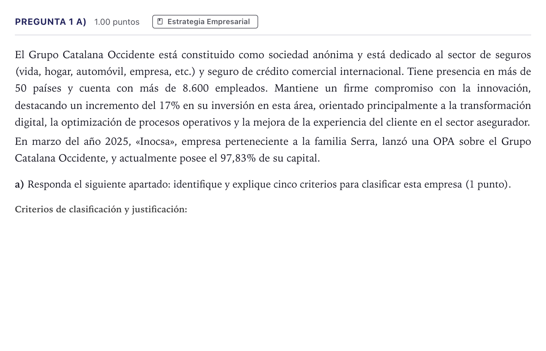 Enunciado: Pregunta 1 a) · Empresa y Diseño de Modelos de Negocio PAU Madrid Extraordinaria Coincidencias 2026