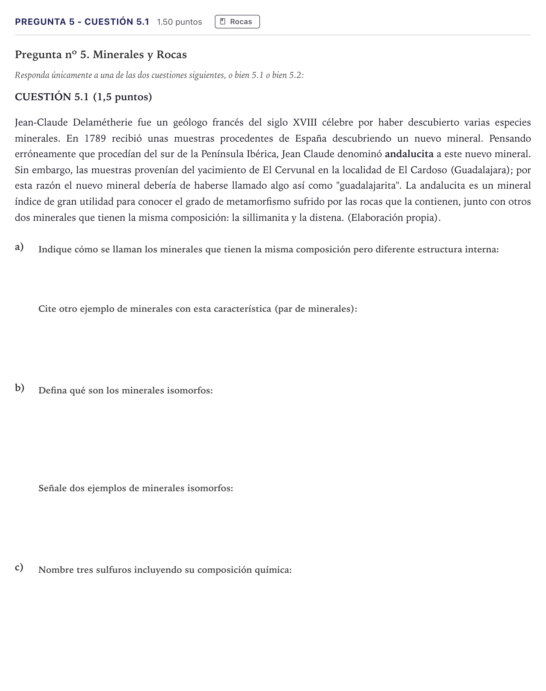Enunciado: Pregunta 5 - Cuestión 5.1 · Geología PAU Madrid Extraordinaria 2026