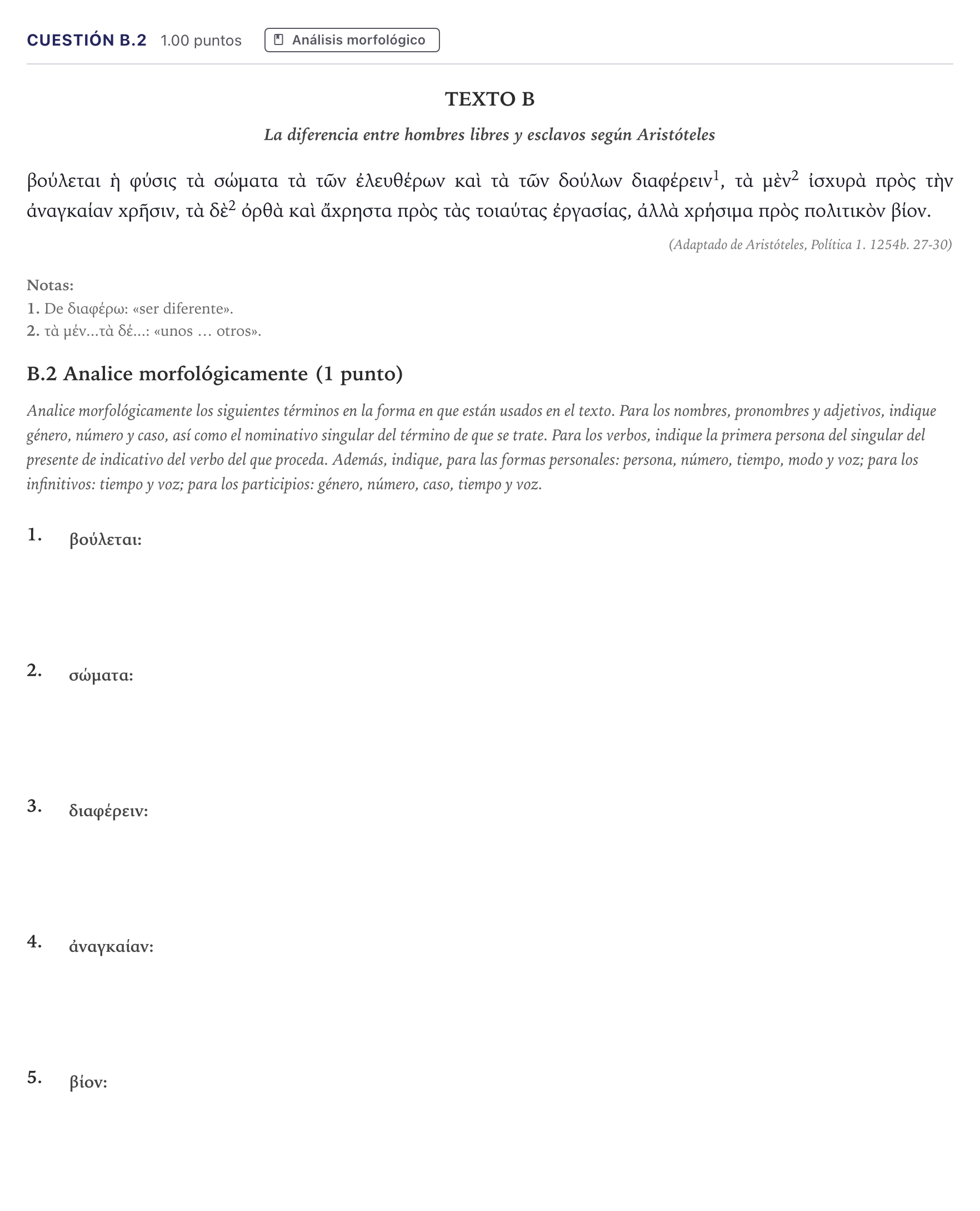 Enunciado: Cuestión B.2 · Griego II PAU Madrid Extraordinaria 2026