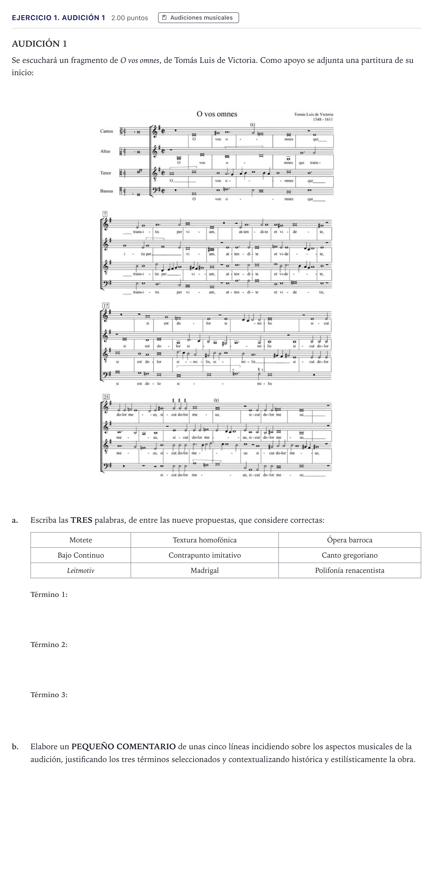 Enunciado: Ejercicio 1. Audición 1 · Historia de la Música y de la Danza PAU Madrid Extraordinaria 2026