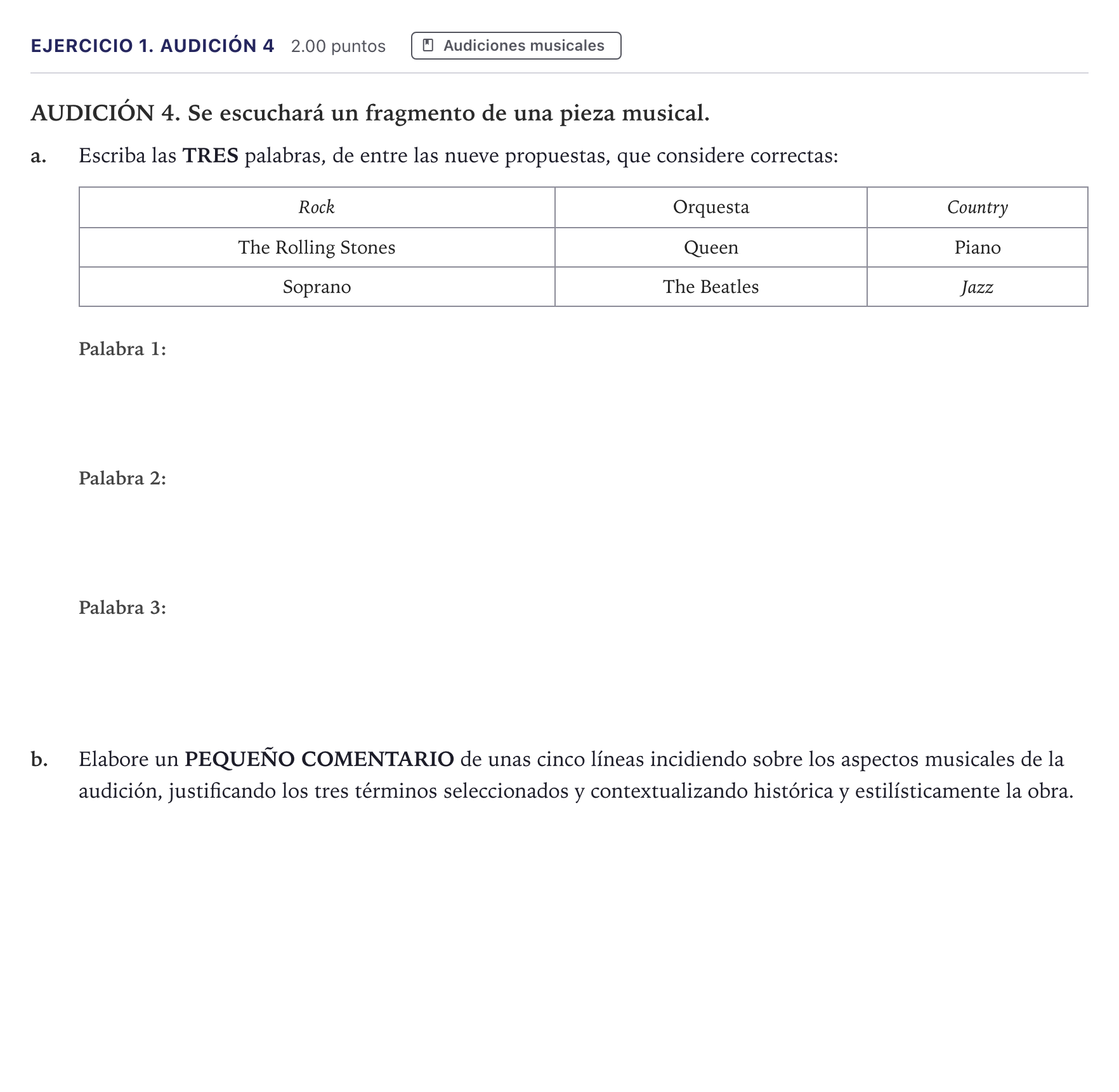 Enunciado: Ejercicio 1. Audición 4 · Historia de la Música y de la Danza PAU Madrid Extraordinaria 2026