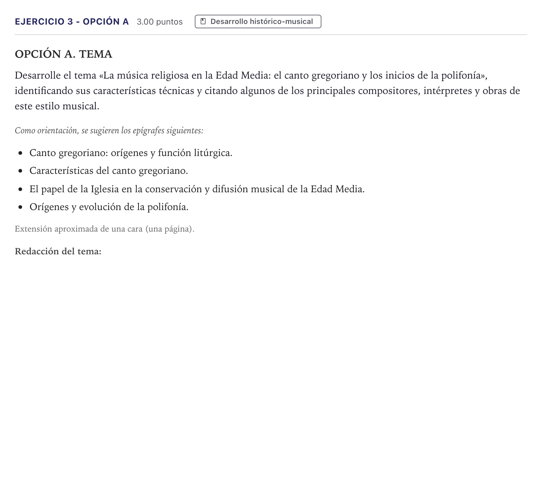 Enunciado: Ejercicio 3 - Opción A · Historia de la Música y de la Danza PAU Madrid Extraordinaria 2026