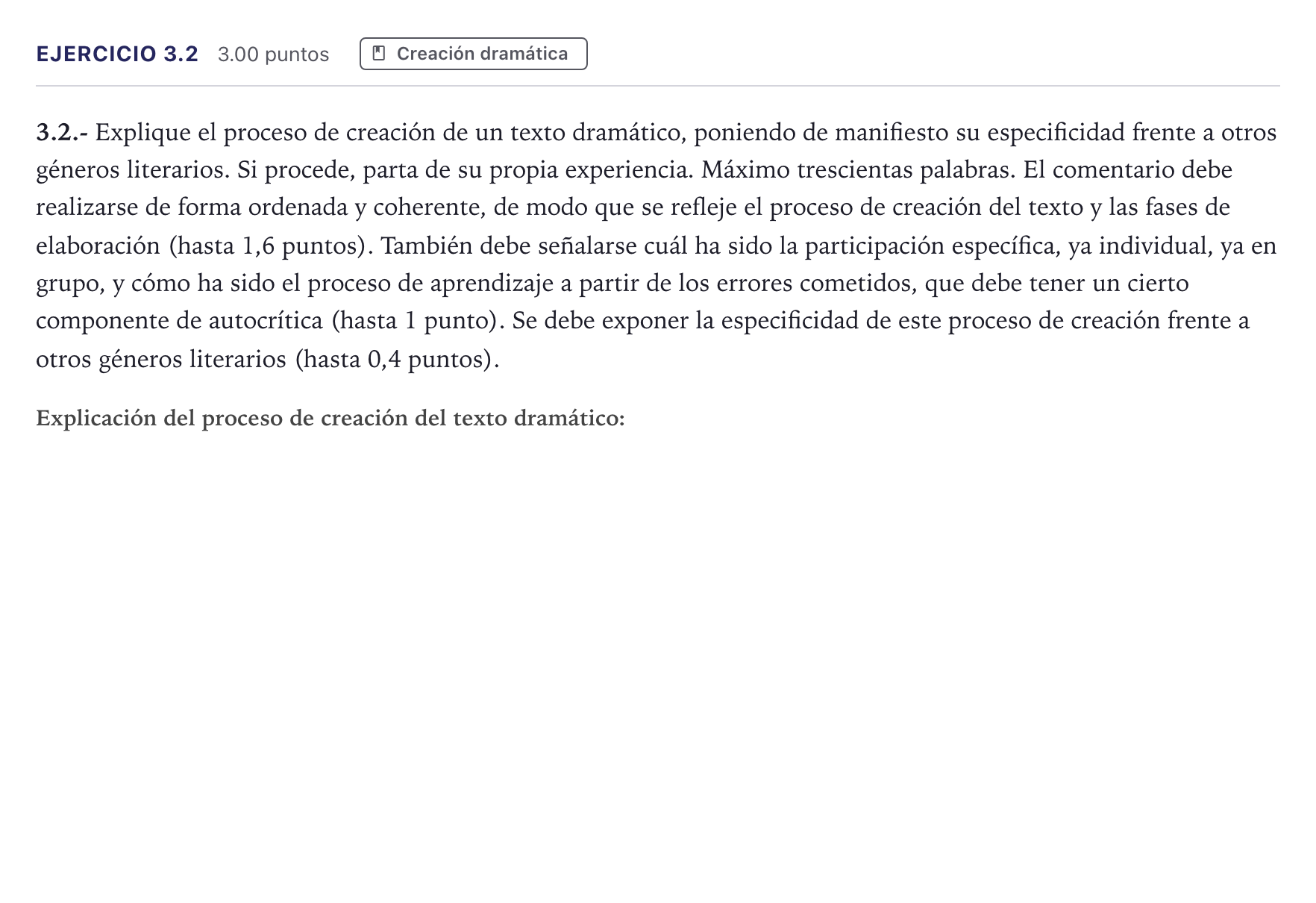 Enunciado: Ejercicio 3.2 · Literatura Dramática PAU Madrid Extraordinaria 2026