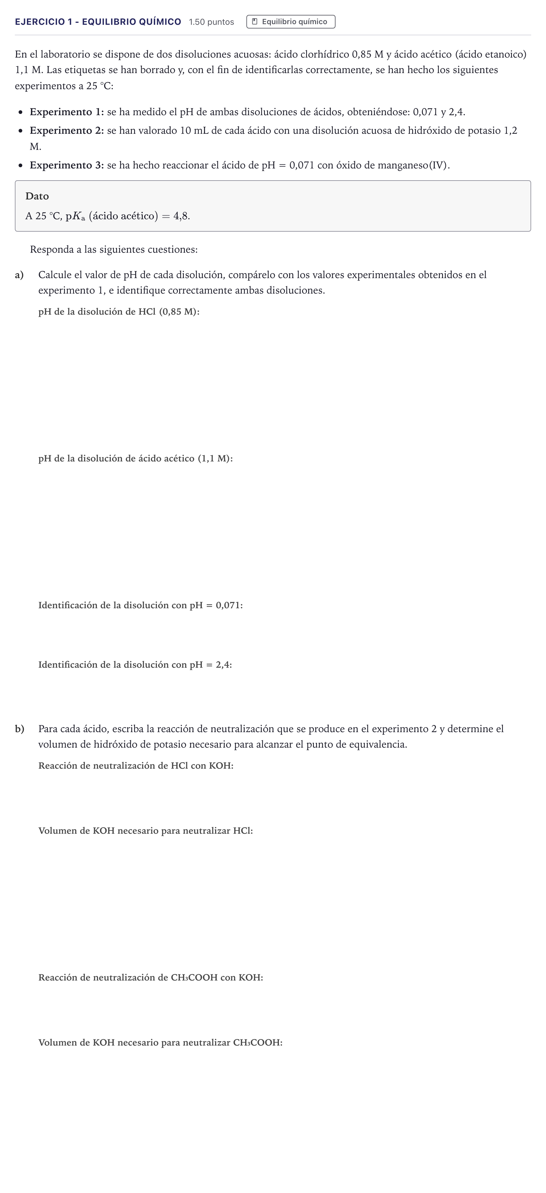Enunciado: Ejercicio 1 - Equilibrio químico · Química PAU Madrid Extraordinaria 2026