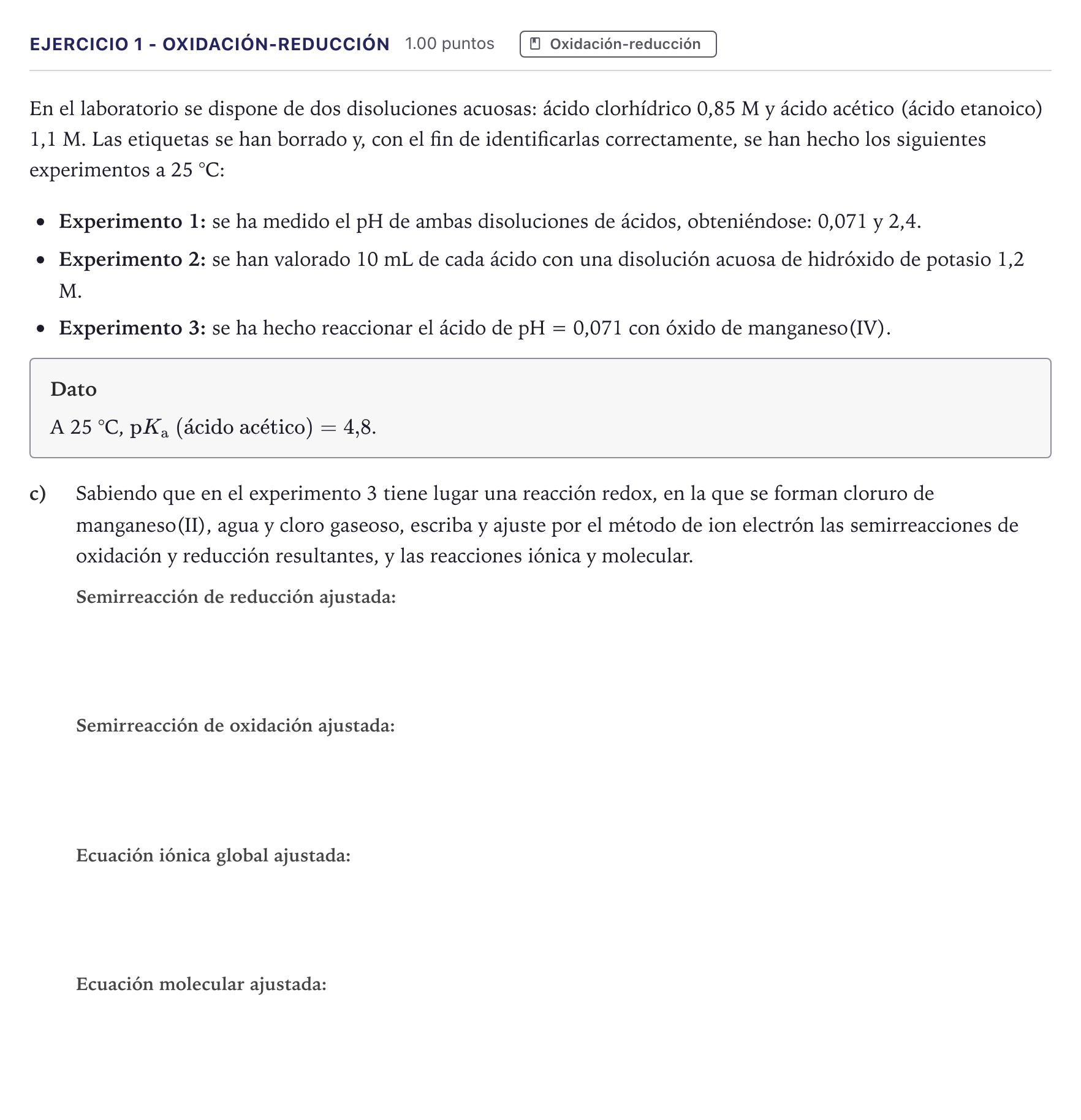 Enunciado: Ejercicio 1 - Oxidación-reducción · Química PAU Madrid Extraordinaria 2026