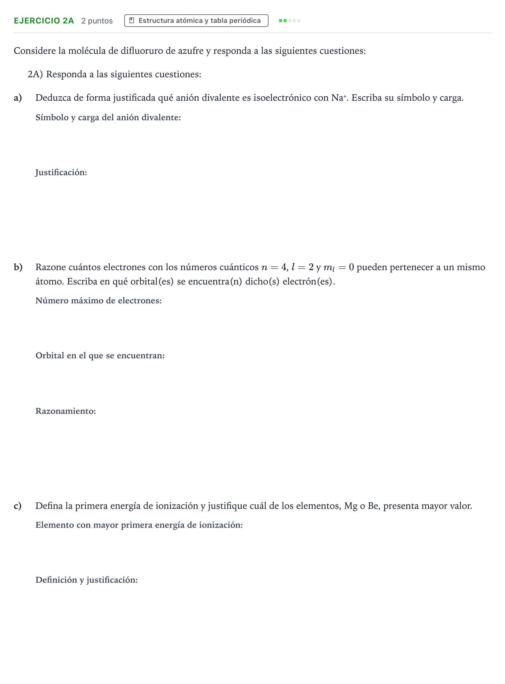 Enunciado: Ejercicio 2A - Estructura atómica y tabla periódica · Química PAU Madrid Extraordinaria 2026