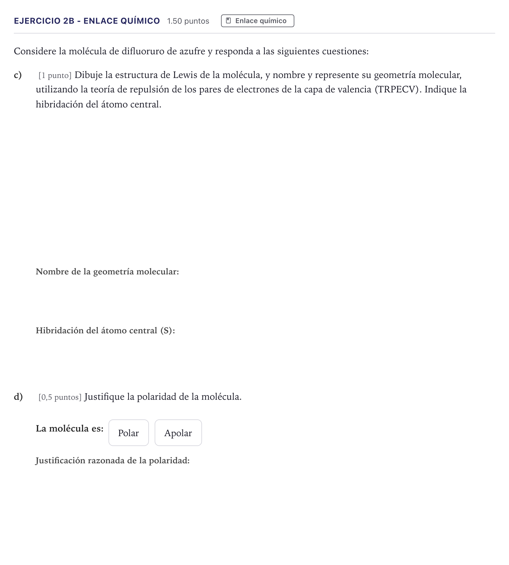Enunciado: Ejercicio 2B - Enlace químico · Química PAU Madrid Extraordinaria 2026