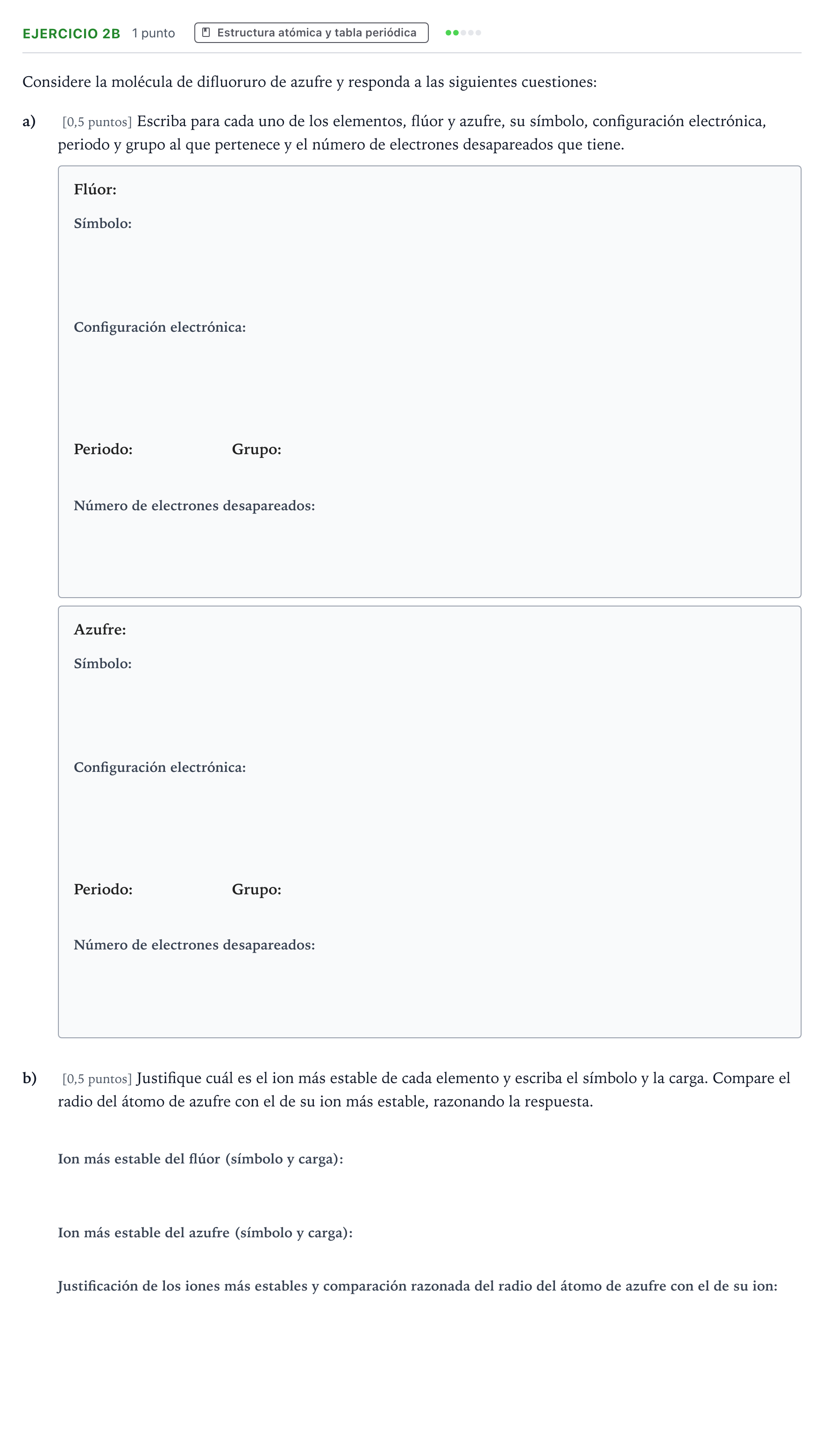 Enunciado: Ejercicio 2B - Estructura atómica y tabla periódica · Química PAU Madrid Extraordinaria 2026