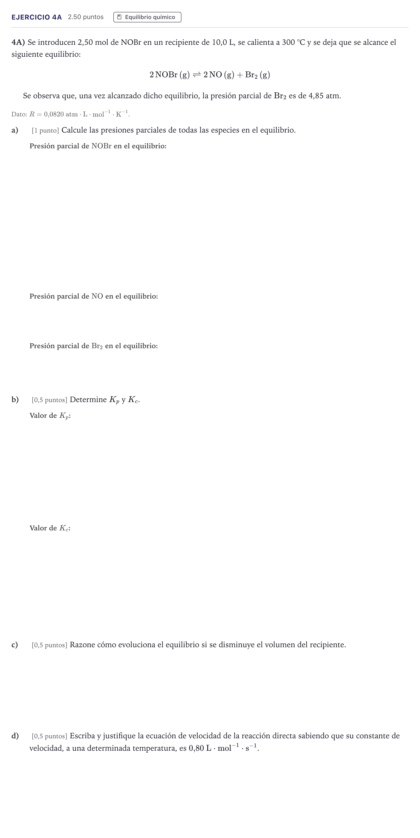 Enunciado: Ejercicio 4A · Química PAU Madrid Extraordinaria 2026