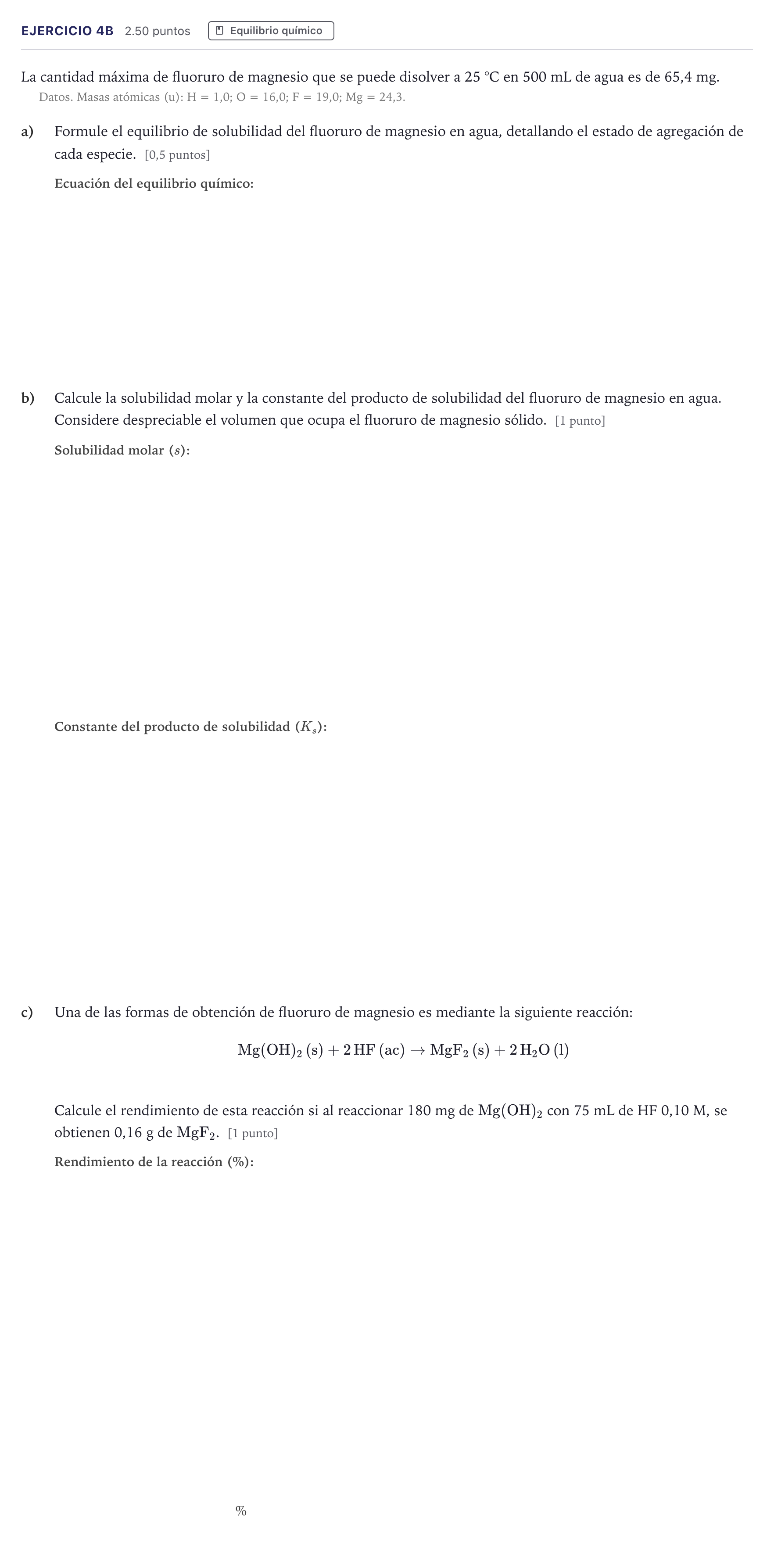 Enunciado: Ejercicio 4B · Química PAU Madrid Extraordinaria 2026