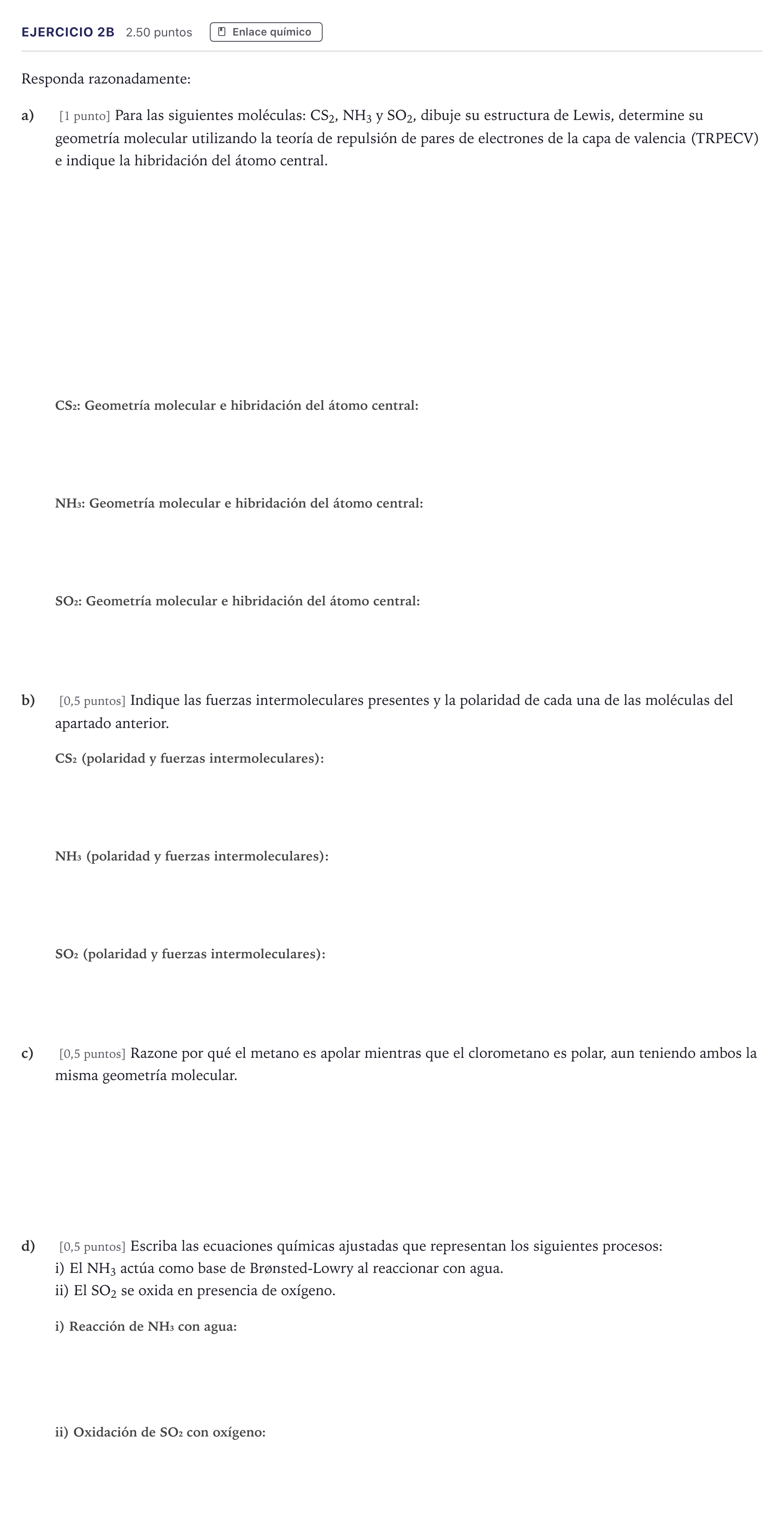 Enunciado: Ejercicio 2B · Química PAU Madrid Extraordinaria Coincidencias 2026