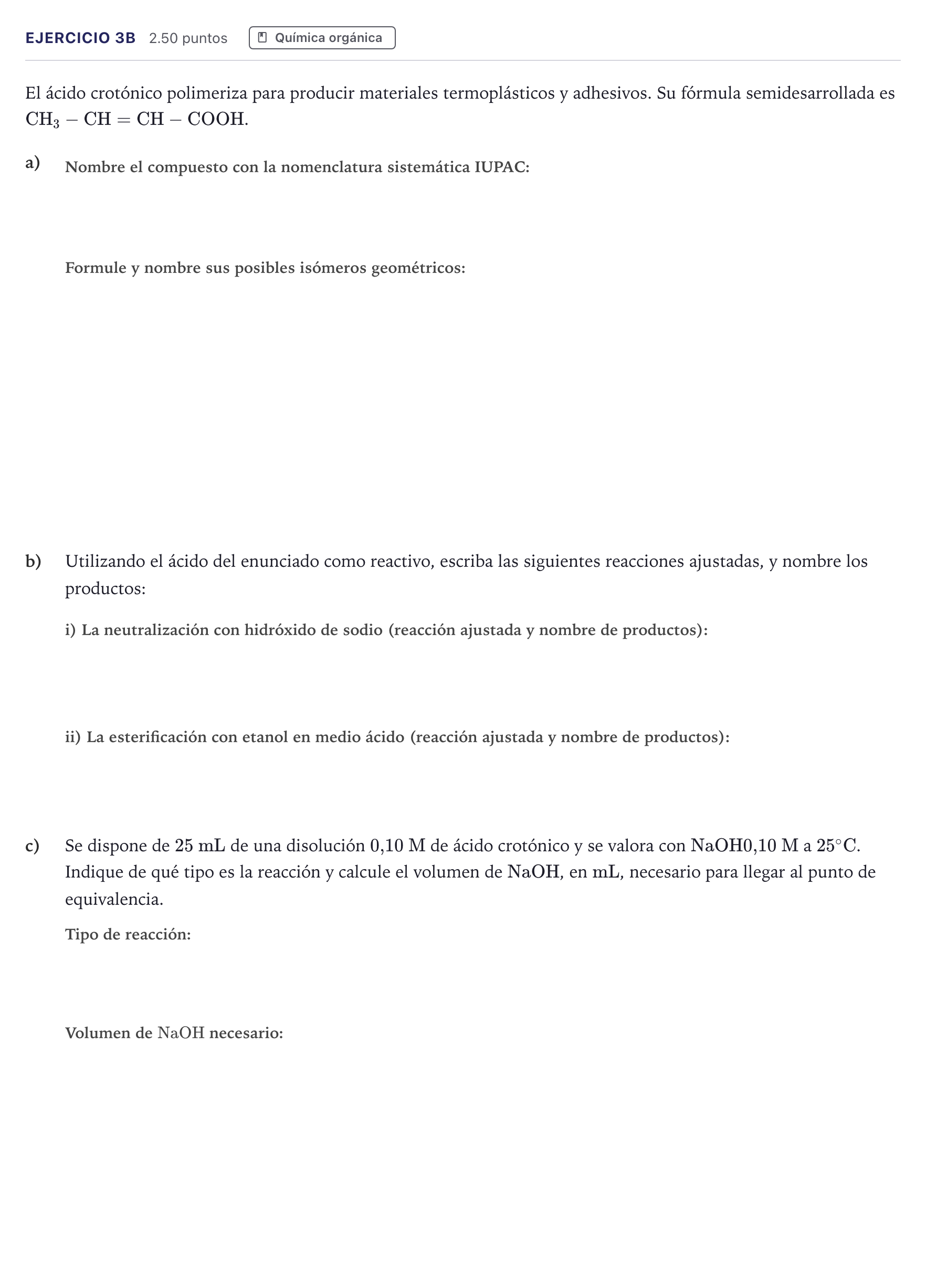 Enunciado: Ejercicio 3B · Química PAU Madrid Extraordinaria Coincidencias 2026