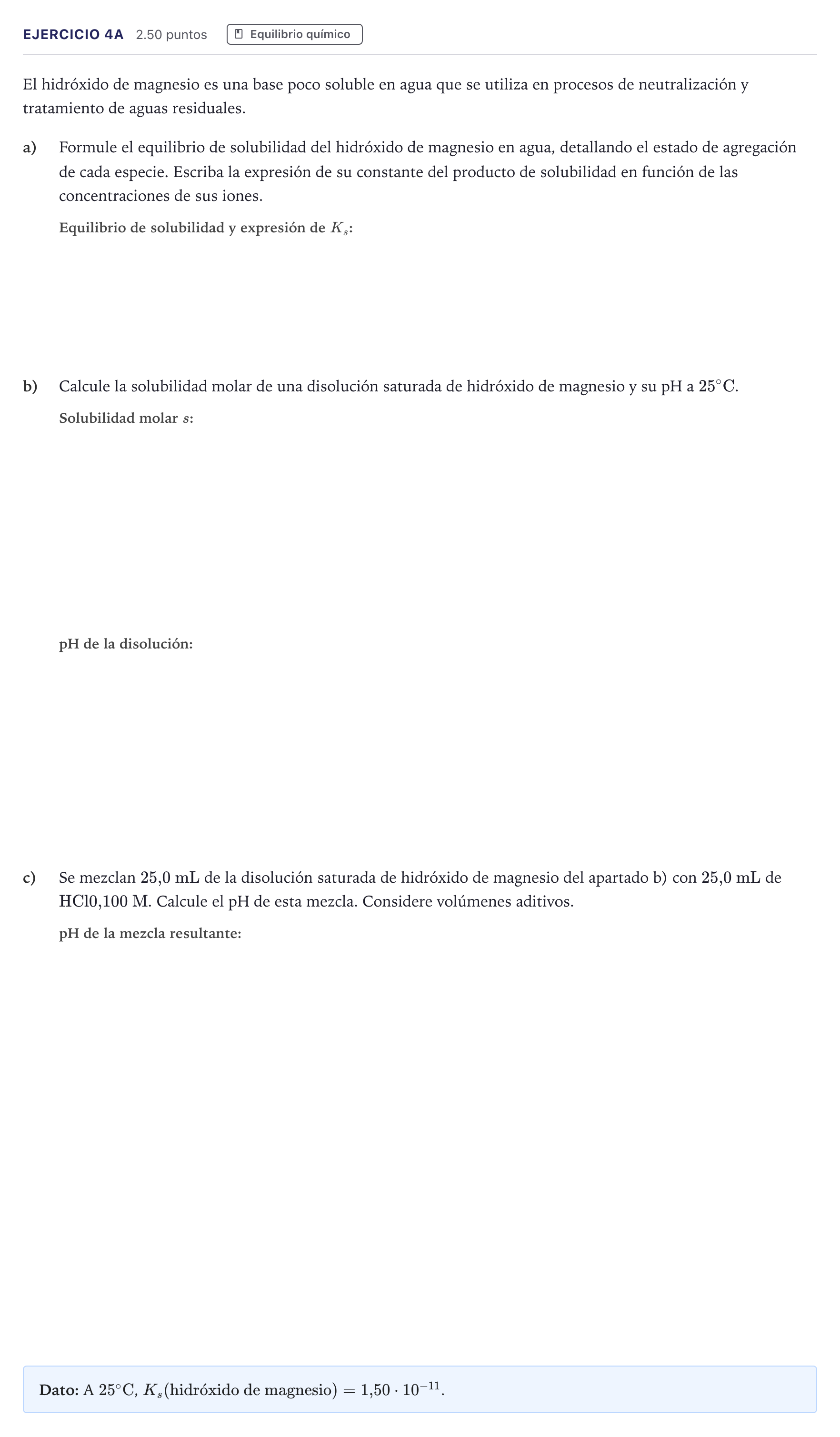 Enunciado: Ejercicio 4A · Química PAU Madrid Extraordinaria Coincidencias 2026