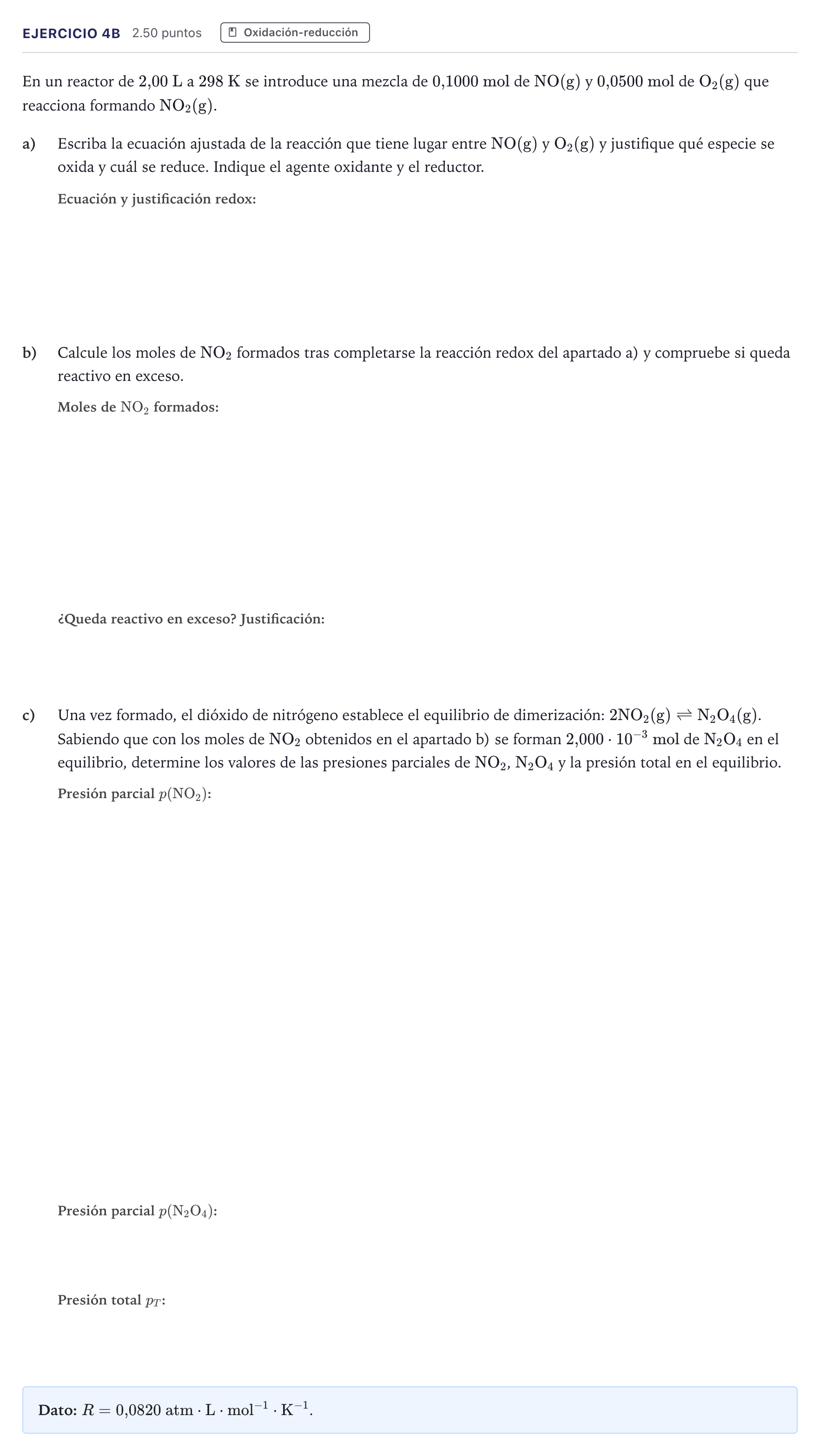 Enunciado: Ejercicio 4B · Química PAU Madrid Extraordinaria Coincidencias 2026