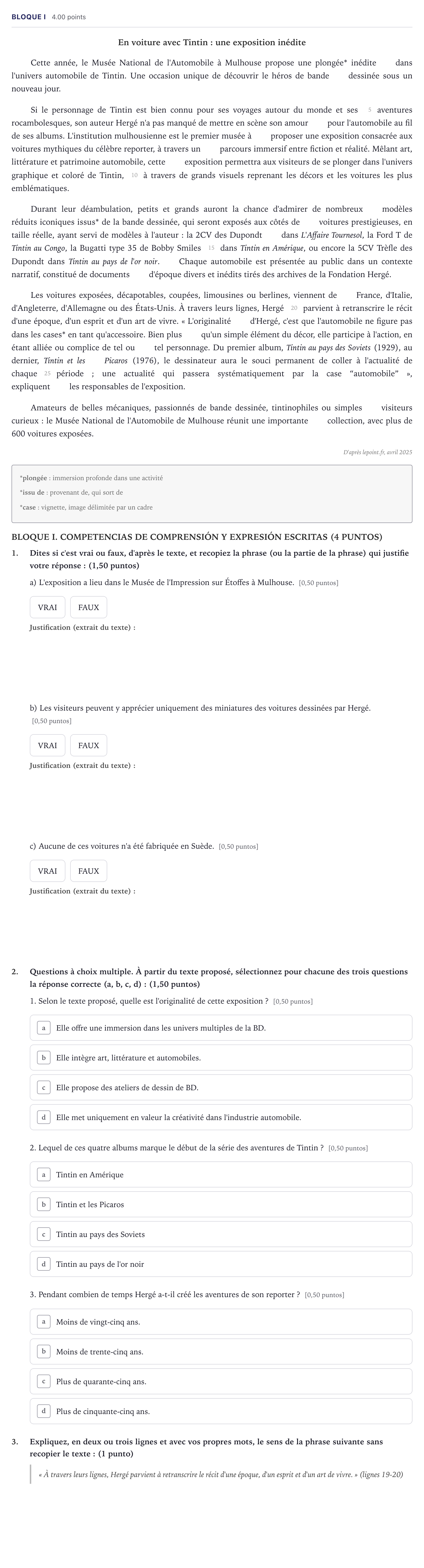 Enunciado: Bloque I · Francés PAU Madrid Extraordinaria (2ª lengua) 2026
