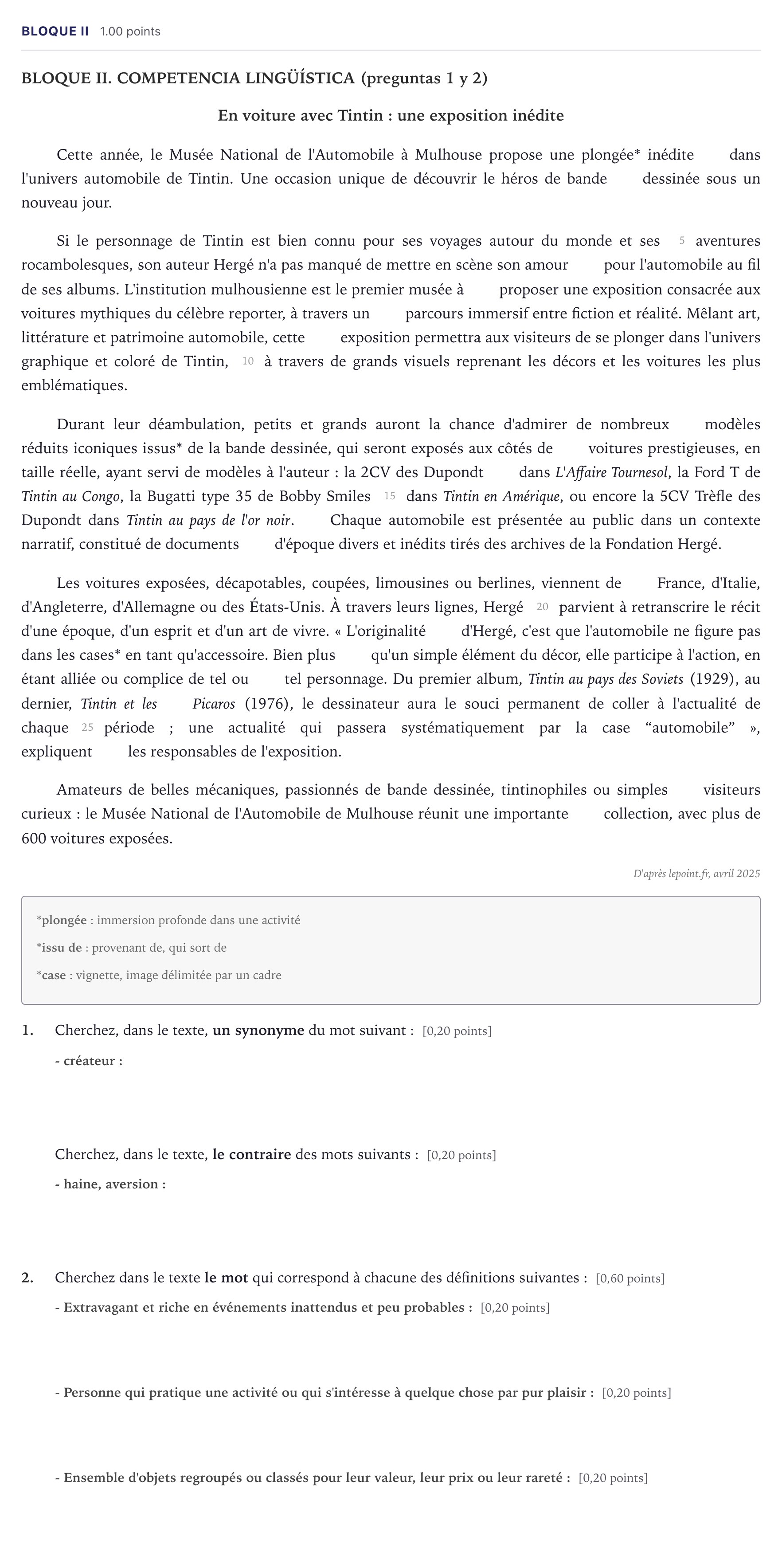 Enunciado: Bloque II · Francés PAU Madrid Extraordinaria (2ª lengua) 2026