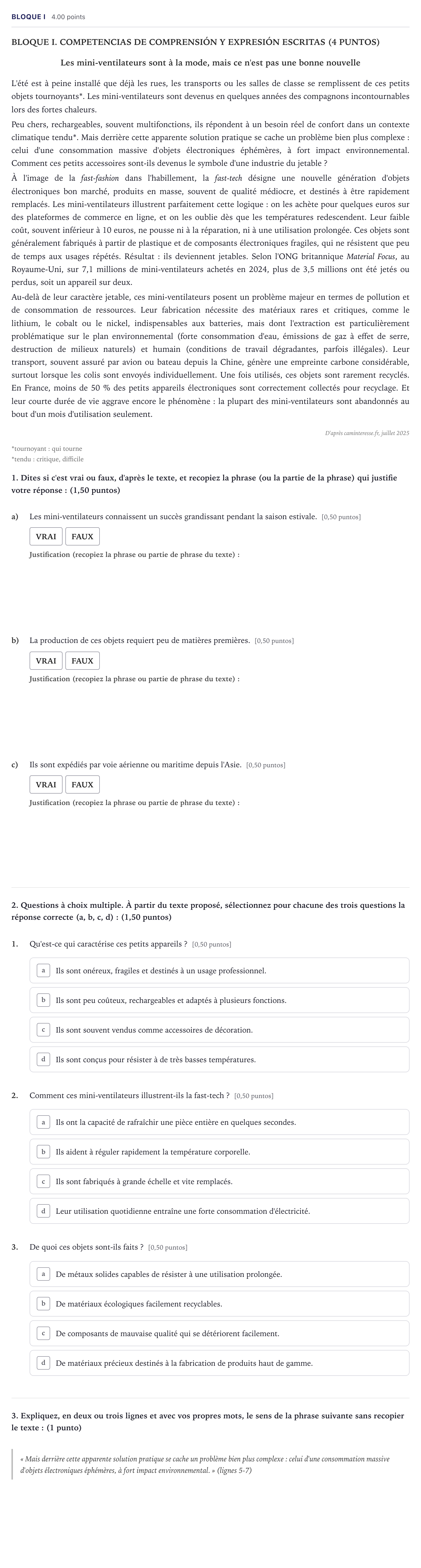 Enunciado: Bloque I · Francés PAU Madrid Extraordinaria (2ª lengua) Coincidencias 2026