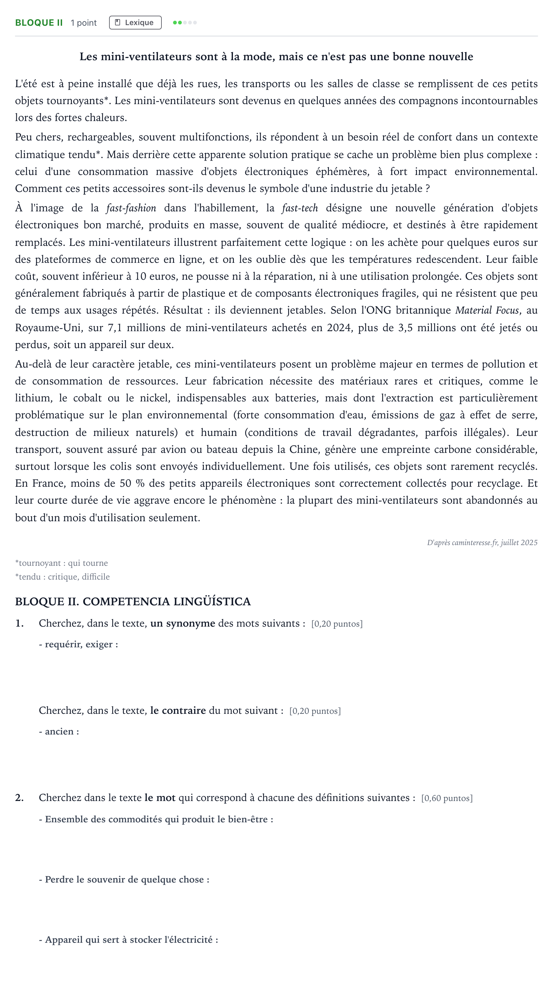 Enunciado: Bloque II · Francés PAU Madrid Extraordinaria (2ª lengua) Coincidencias 2026